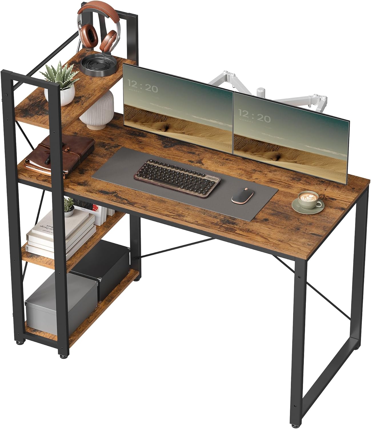 VASAGLE Schreibtisch, 120 cm lang, Computertisch mit Regalen rechts oder links, Bürotisch, Arbeitszimmer, Heimbüro, einfache Montage, stabiles Industriedesign, Vintage-Braun/Schwarz LWD48X