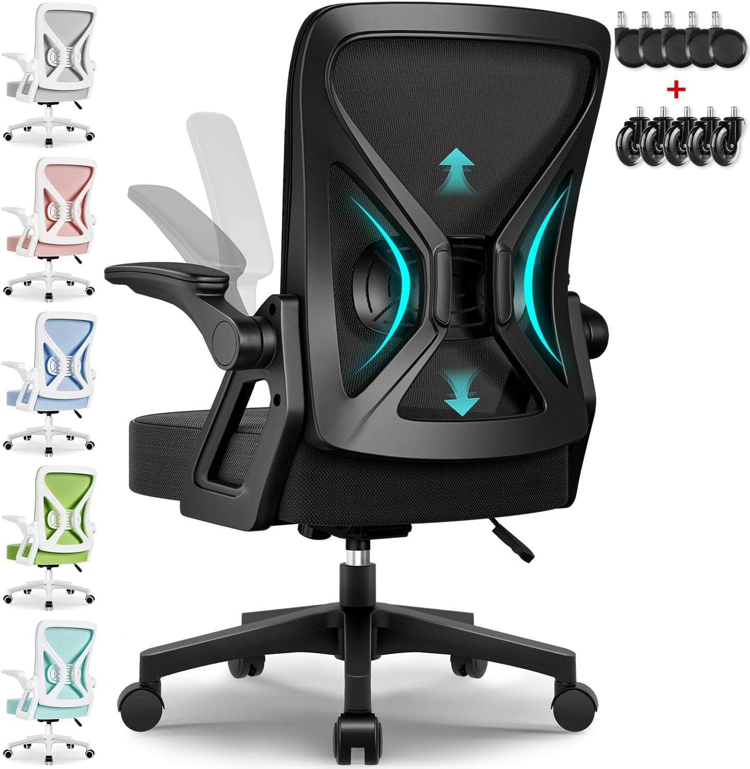 Ergonomischer Bürostuhl mit klappbaren Armlehnen, verstellbare Lordosenstütze, Wippfunktion bis 125°, höhenverstellbar, Netzstuhl, schwarz