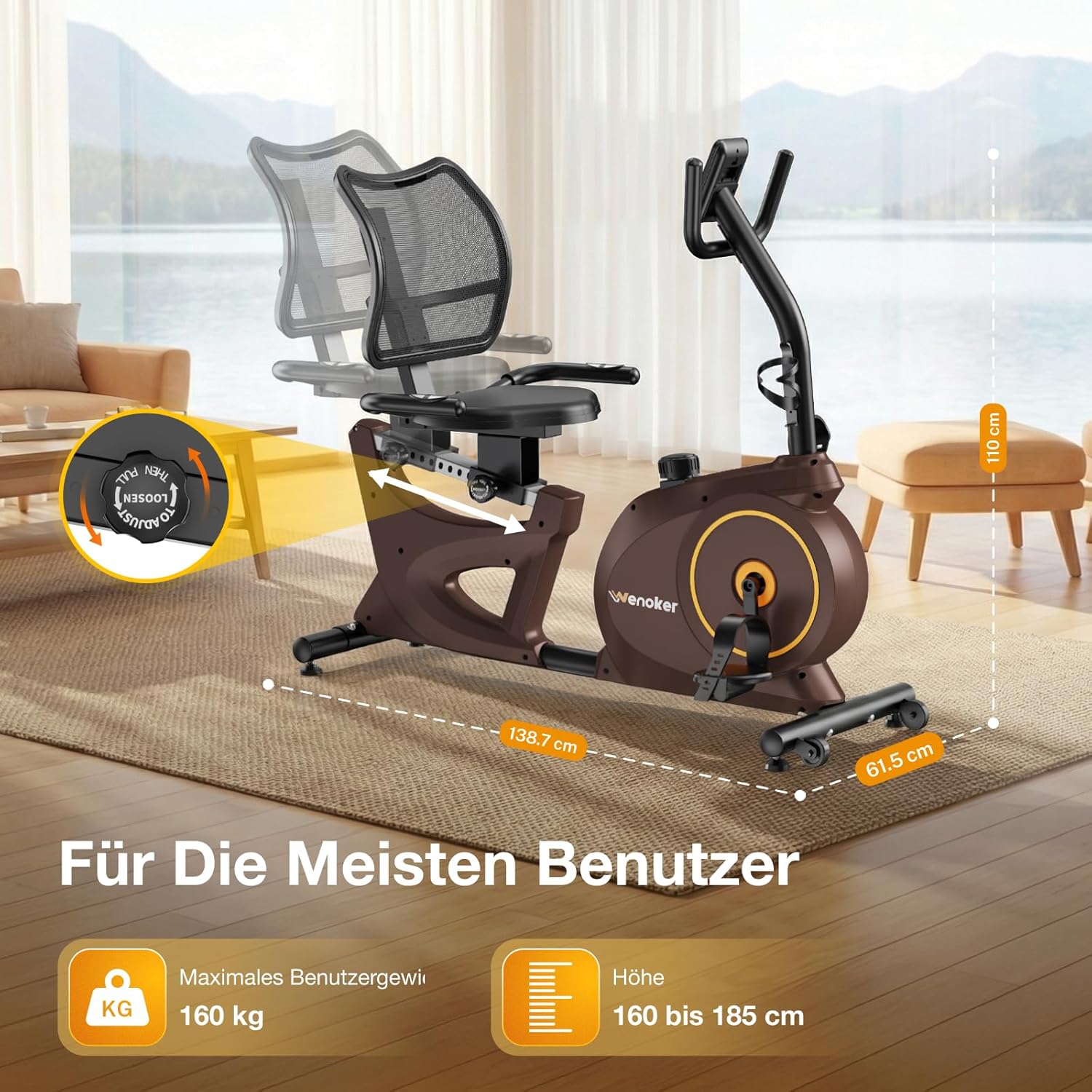 Ergometer-Liege-Heimtrainer mit Magnetbremse, Pulssensoren und LCD-Display, 15 Widerstandsstufen, Sitz-Ergometer mit Rückenlehne für Senioren, robuste Bauweise mit mehreren Einstellungen – Bild 6