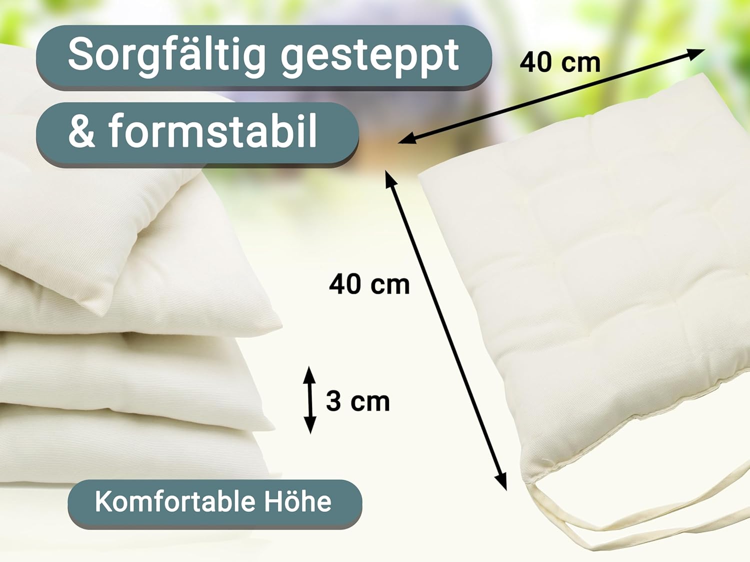 Zollner 4er-Set Stuhlkissen mit Bändern, 40 x 40 cm, Creme – Bild 4