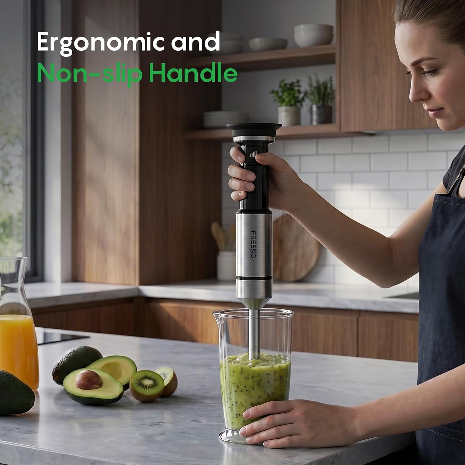 FRESKO Stabmixer 1000 W, elektrischer Pürierstab mit variabler Geschwindigkeitsregelung, Anti-Spritz-Technologie, ideal für Suppenzubereitung, Smoothie-Mixen und Babynahrung – Bild 5