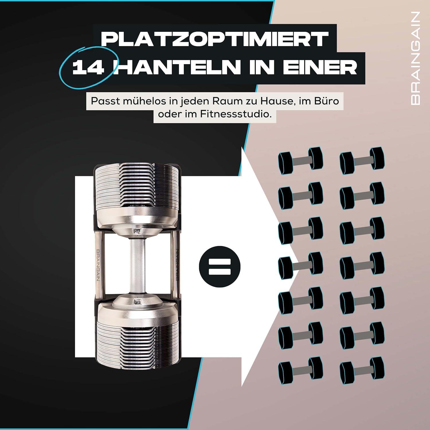 Verstellbares Hantelset von BRAINGAIN 23,5 kg / 32,5 kg / 41,5 kg – Jetzt mit 34 mm Gen 4-Griff – Gewichte in 1 Sekunde wechseln – Platzsparendes Homegym – Mehrere Gewichte in einem – Chrom/Schwarz – Bild 5