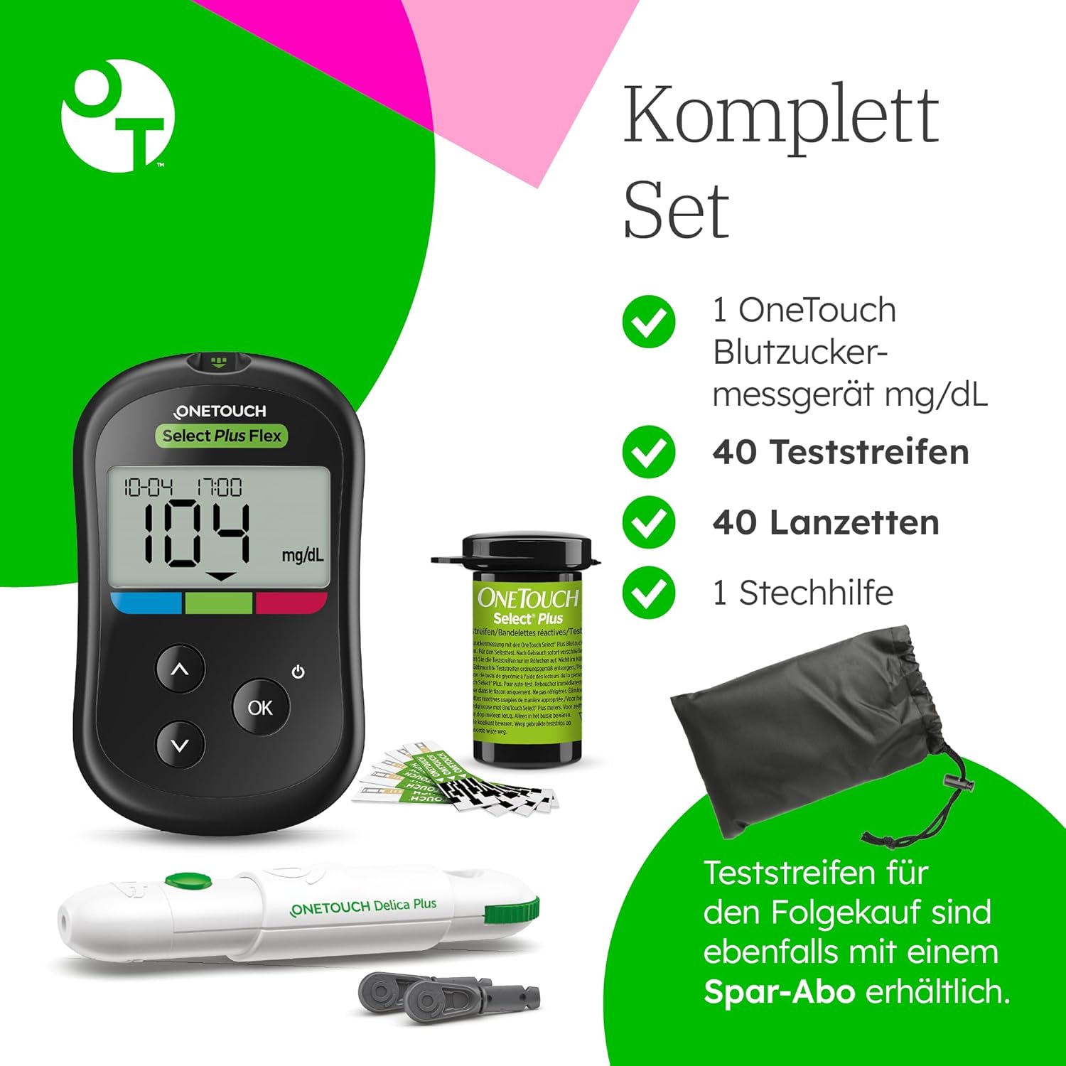 OneTouch Select Plus Flex Blutzuckermessgerät für Diabetes (Zuckerkrankheit) I 1 Blutzuckermessgerät (mg/dL) + 40 Teststreifen + 1 Stechhilfe + 40 Lanzetten im Koffer (inkl. Batterie) – Bild 8