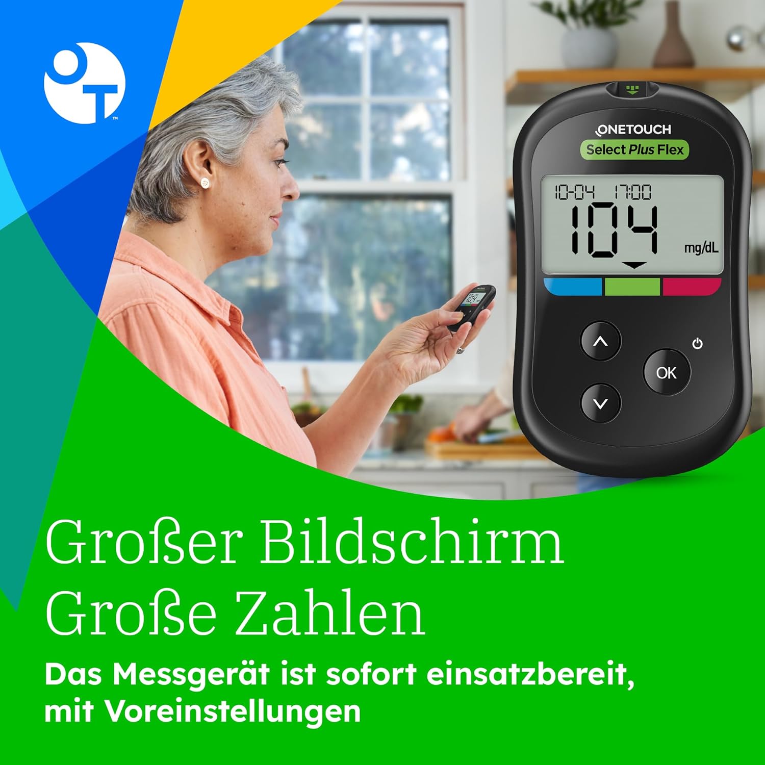 OneTouch Select Plus Flex Blutzuckermessgerät für Diabetes (Zuckerkrankheit) I 1 Blutzuckermessgerät (mg/dL) + 40 Teststreifen + 1 Stechhilfe + 40 Lanzetten im Koffer (inkl. Batterie) – Bild 5
