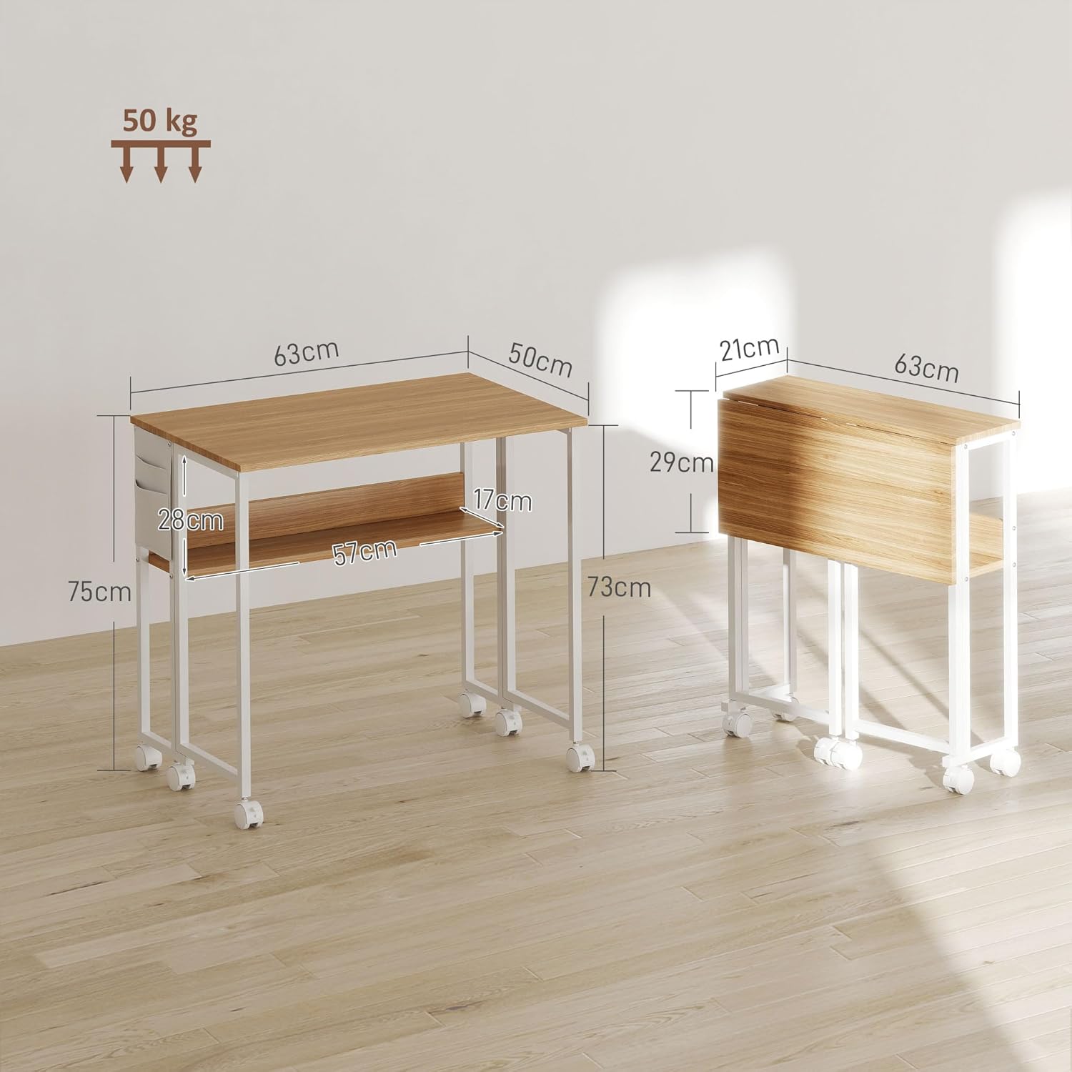 HOMCOM Klappschreibtisch, kleiner 63 cm Klappschreibtisch mit Rollen, platzsparend, Computertisch mit Ablage, Aufbewahrungstasche, für Home Office, Natur – Bild 3