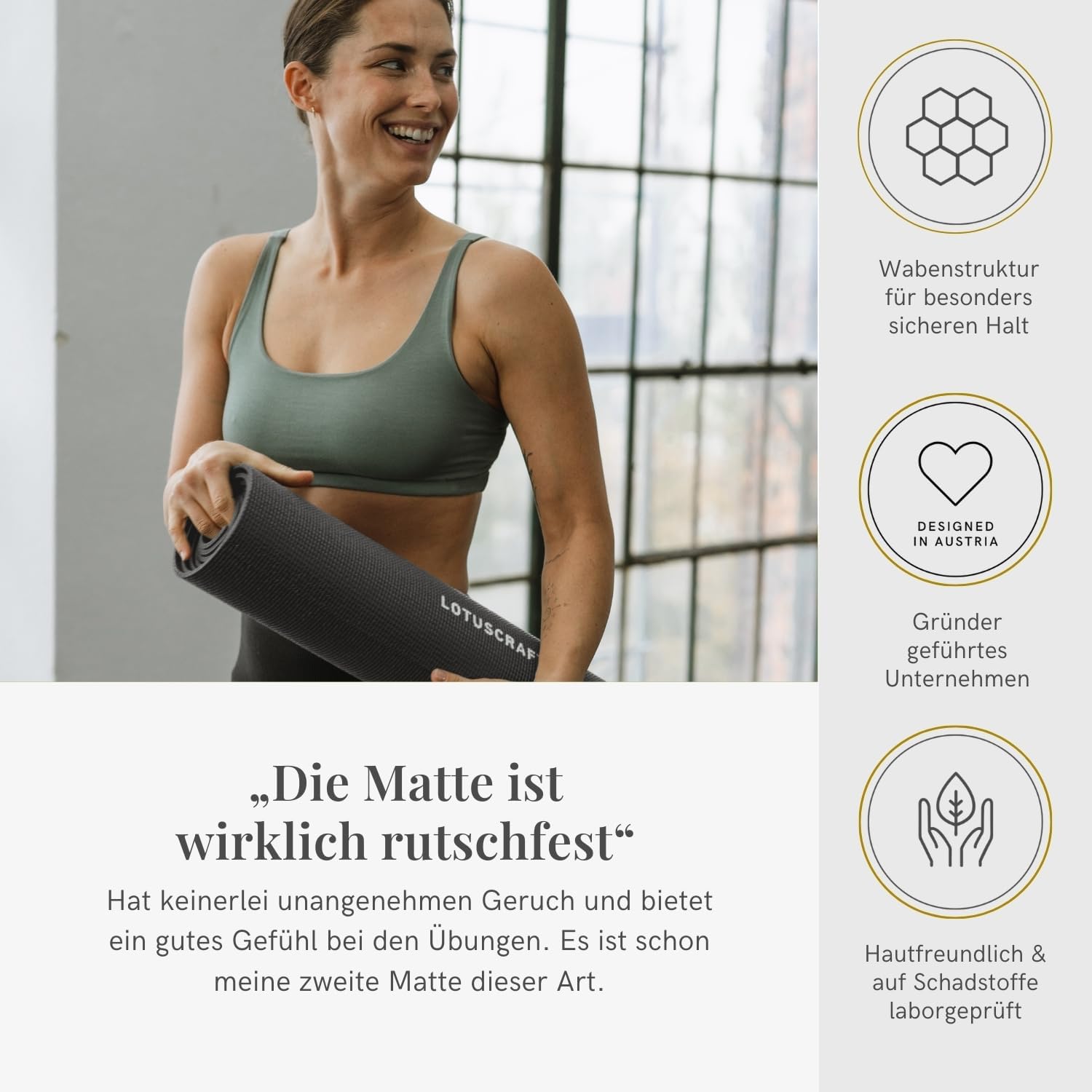 Lotuscrafts Yogamatte, rutschfest, 183 x 61 x 0,5 cm, leichte Fitnessmatte, auch als Gymnastikmatte, Sportmatte, hautfreundlich und schadstoffgeprüft – Bild 7
