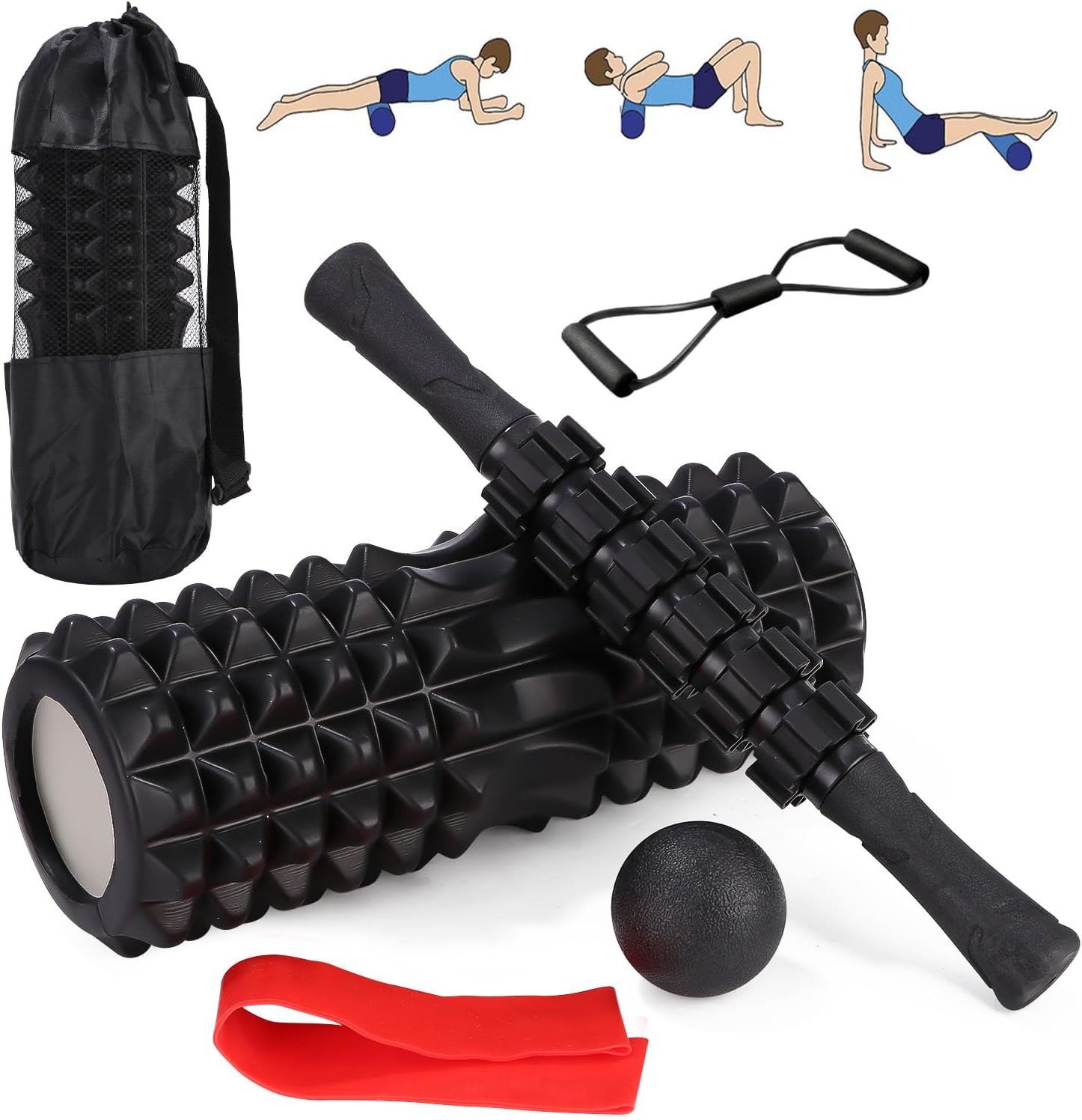 5-in-1-Massageset, hochdichte Faszienrolle Wirbelsäule, Massagerolle, Massageball, Spanner, Widerstandsband für Tiefenmuskelmassage, Fitnessübungen für den ganzen Körper, Pilates-Set