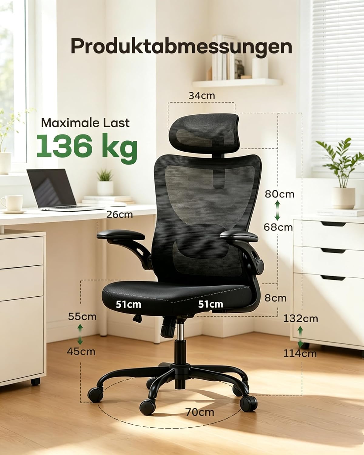 Marsail Bürostuhl Ergonomischer Schreibtischstuhl: Ergonomischer Bürostuhl mit 2D-Kopfstütze, 2D-Lendenwirbelstütze, klappbaren 3D-Armlehnen, 8 cm Sitzkissen, Höhenverstellung und 300 Pfund Tragkraft – Bild 7