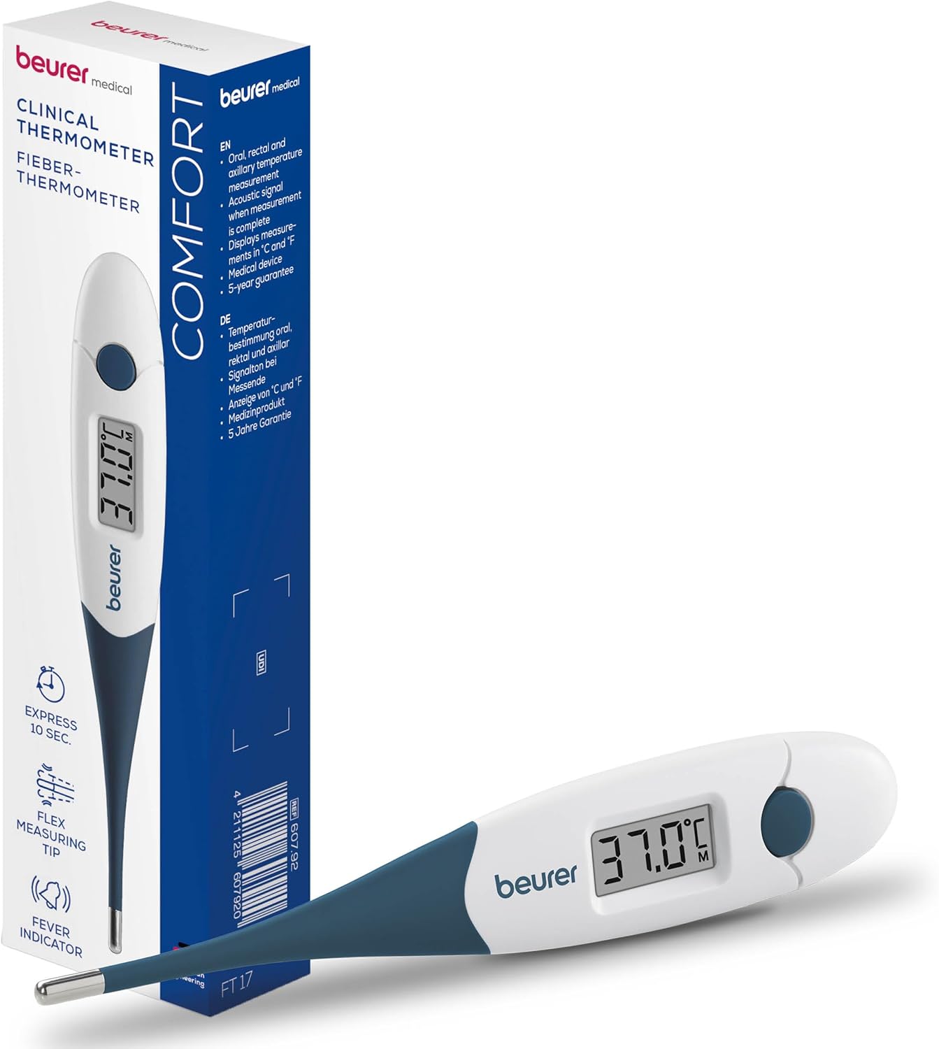 Beurer FT 17 Digitales Fieberthermometer mit flexibler Spitze für orale, rektale und axilläre Messung, Ergebnis in 10 Sekunden, Fieberanzeige für Babys, Kinder und Erwachsene, blau/weiß