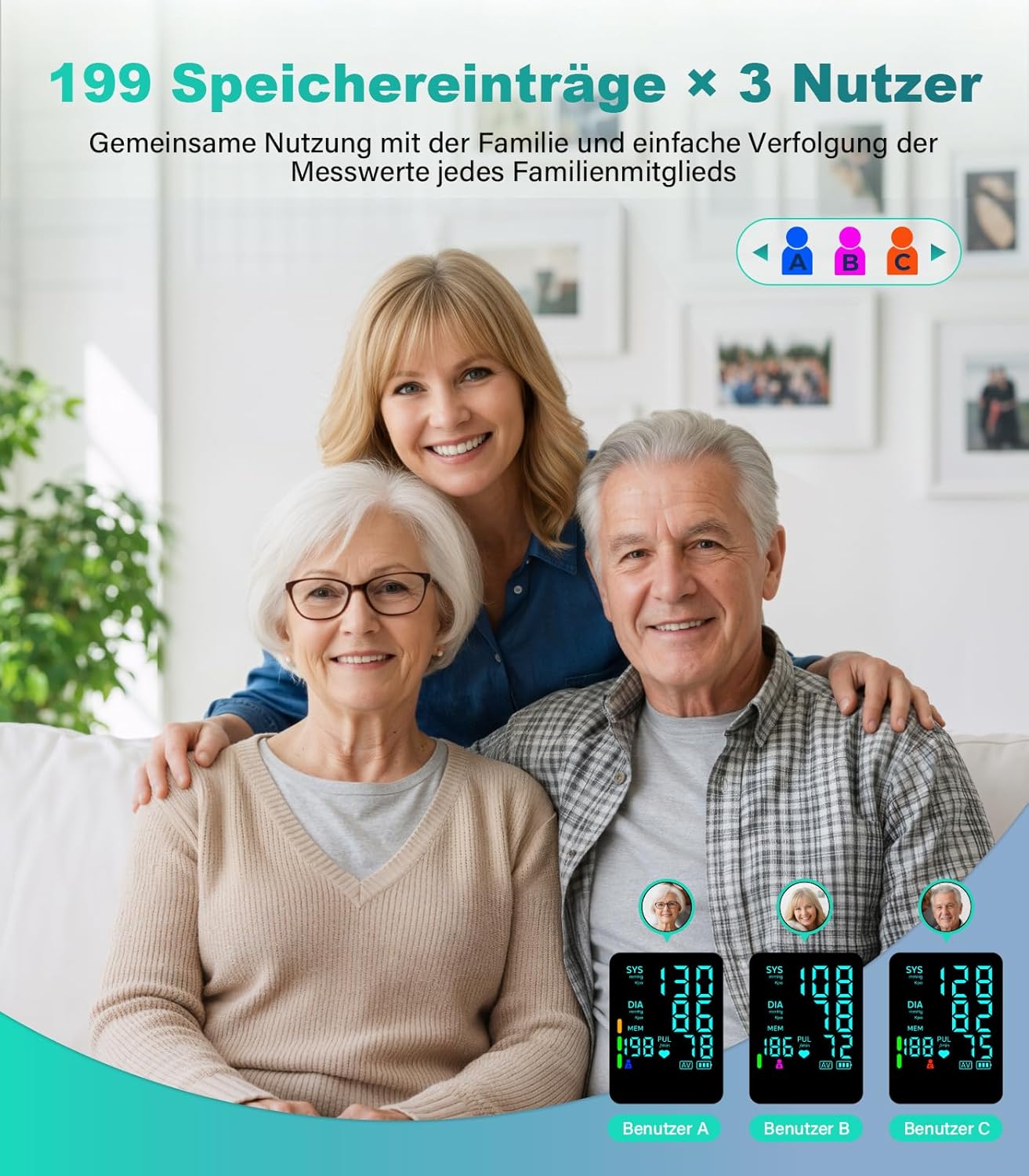 Blutdruckmessgerät, automatisches Oberarm-Blutdruckmessgerät für den Heimgebrauch, 2 Blutdruckmessgerät-Manschetten (9–17 Zoll und 13–21 Zoll) mit großer LED-Hintergrundbeleuchtung, 3 x 199 – Bild 2