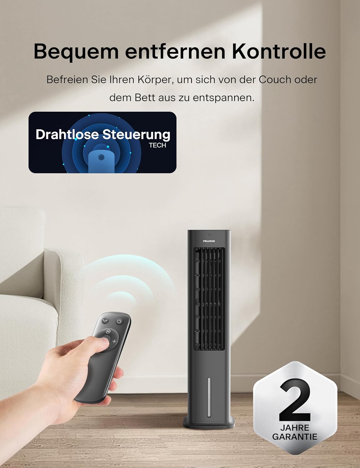 PELONIS 5L Verdunstungskühler mit Fernbedienung, tragbarer 3-in-1-Luftkühler, Ventilator, Luftbefeuchter und automatischer Oszillation, 3-Stufen-Timer 7H, 2 Kühlpads für Zuhause und Büro – Bild 7