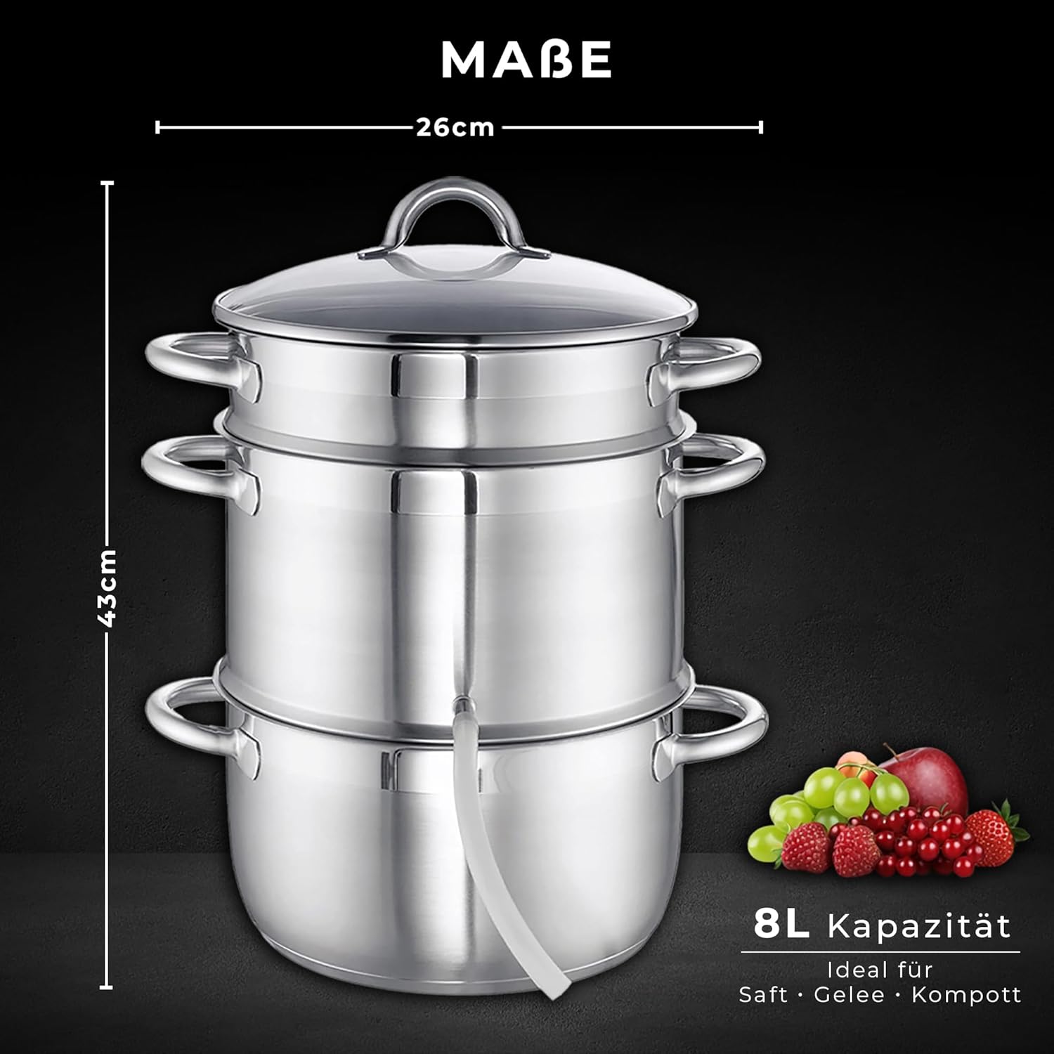 KARL HAUSMANN Dampfentsafter 8L Edelstahl – Entsafter-Kocher für Induktion, Gas und alle Herdarten | Saft aus Obst und Gemüse, BPA-frei, mit Schlauch, spülmaschinenfest – Bild 2