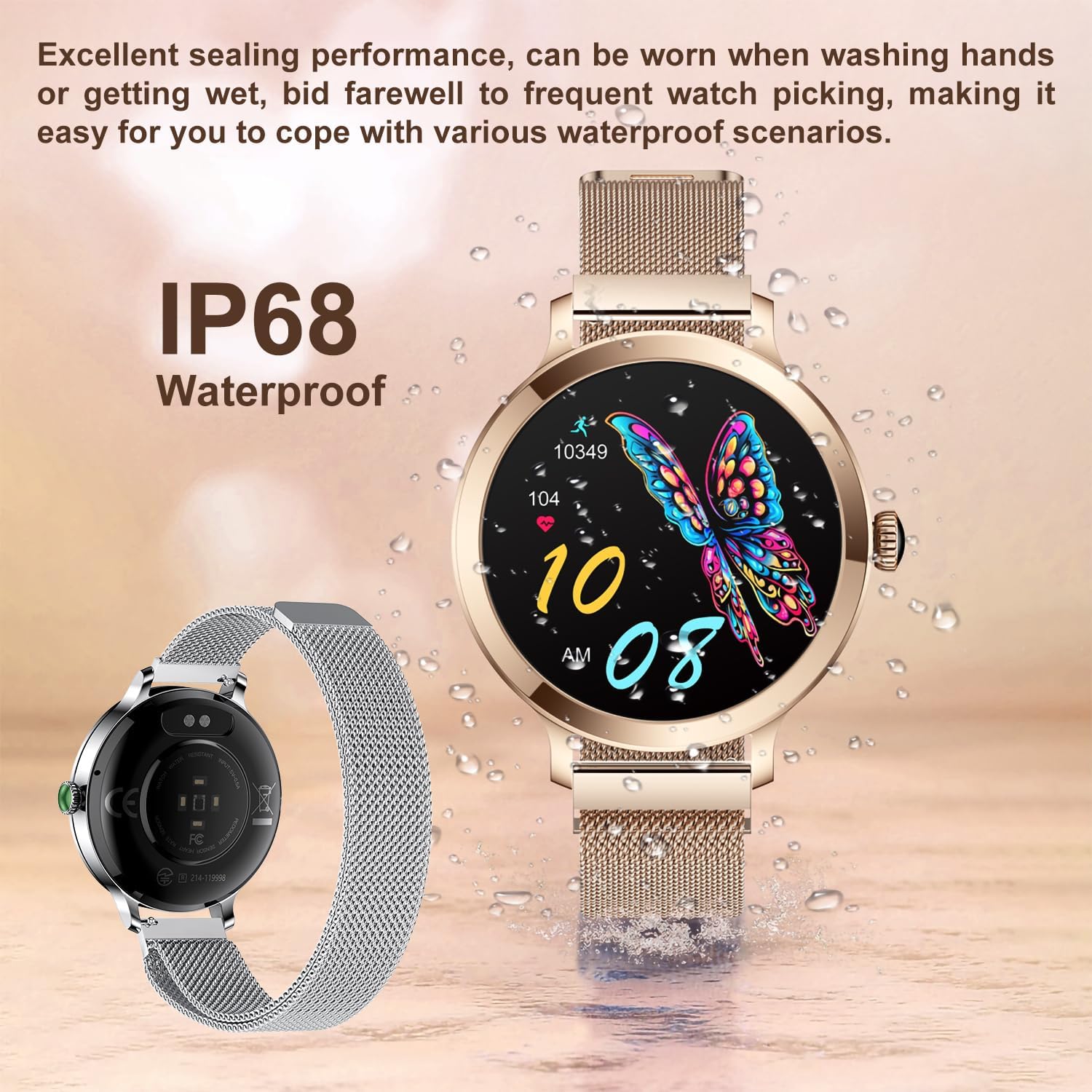 Smartwatch für Damen mit Bluetooth-Anruf, Smartwatch für iPhone und Android-Telefone, Fitness-Tracker-Uhr mit Anruf-/Antwortfunktion, wasserdicht, Herzfrequenz, Blutdruck, Blutsauerstoff (Gold) – Bild 7