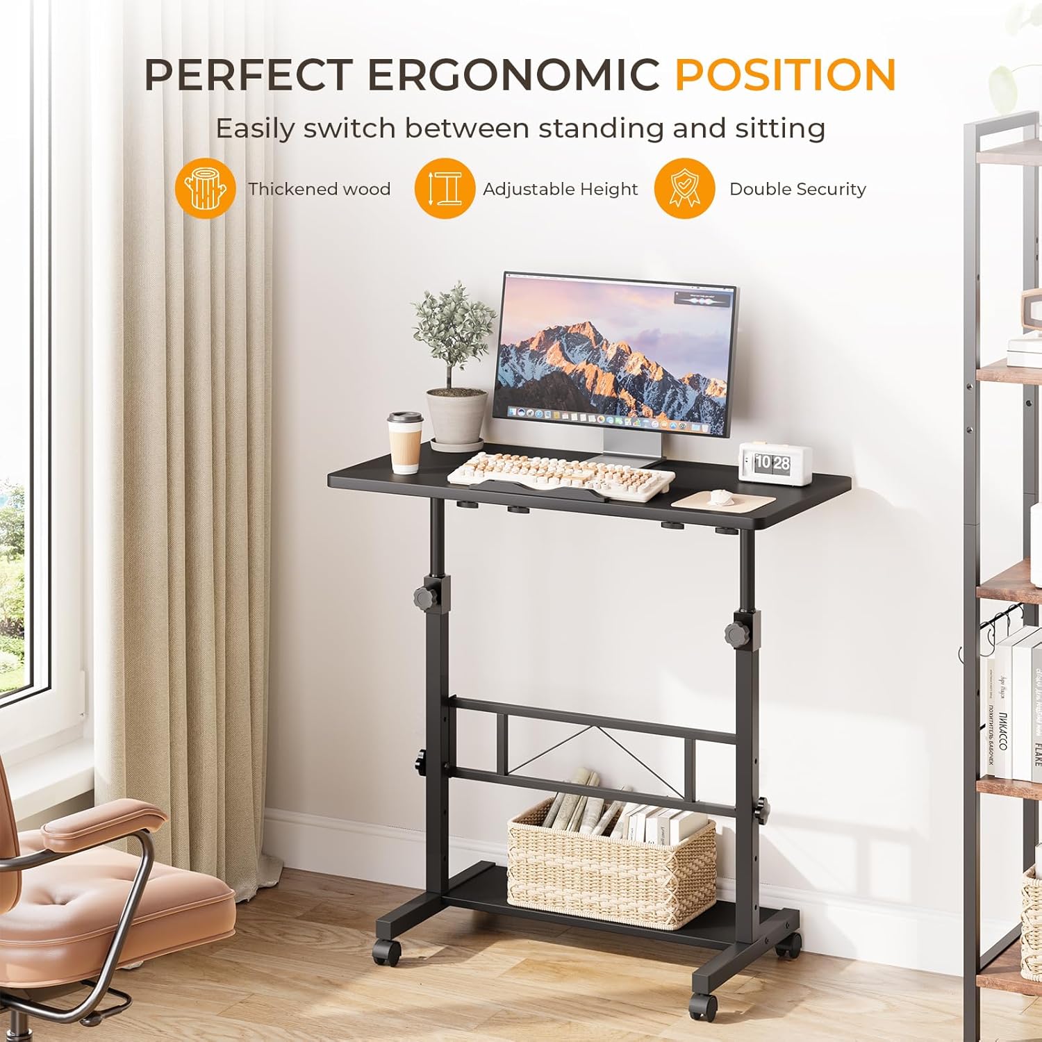 Dripex 80 x 40 cm Stehschreibtisch, höhenverstellbar 65–98 cm, mobiler Computertisch mit Rollen und neigbarer Tischplatte, Überbetttisch, Stehsitztisch für Zuhause und Büro, Schwarz – Bild 4