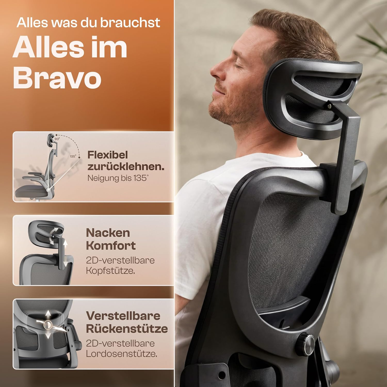 Bravo Ergonomischer Bürostuhl (Original) Schreibtischstuhl Ergonomisch mit 8 Komforteinstellungen | Gaming-Stuhl und Drehstuhl für Heim- und Bürobedarf | Bürostuhl und Chefsessel bis 150 kg – Bild 3