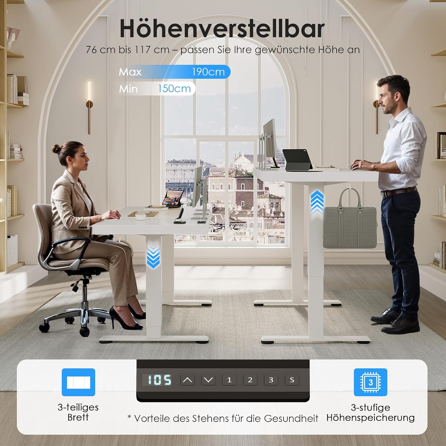 OffiGo höhenverstellbarer Schreibtisch mit Steckdose, 180 x 70 cm, 35 mm, weiß | Elektrischer Schreibtisch mit stabilen T-Beinen, Stehpult, perfekte Ergonomie für Büro, Gaming – Bild 3