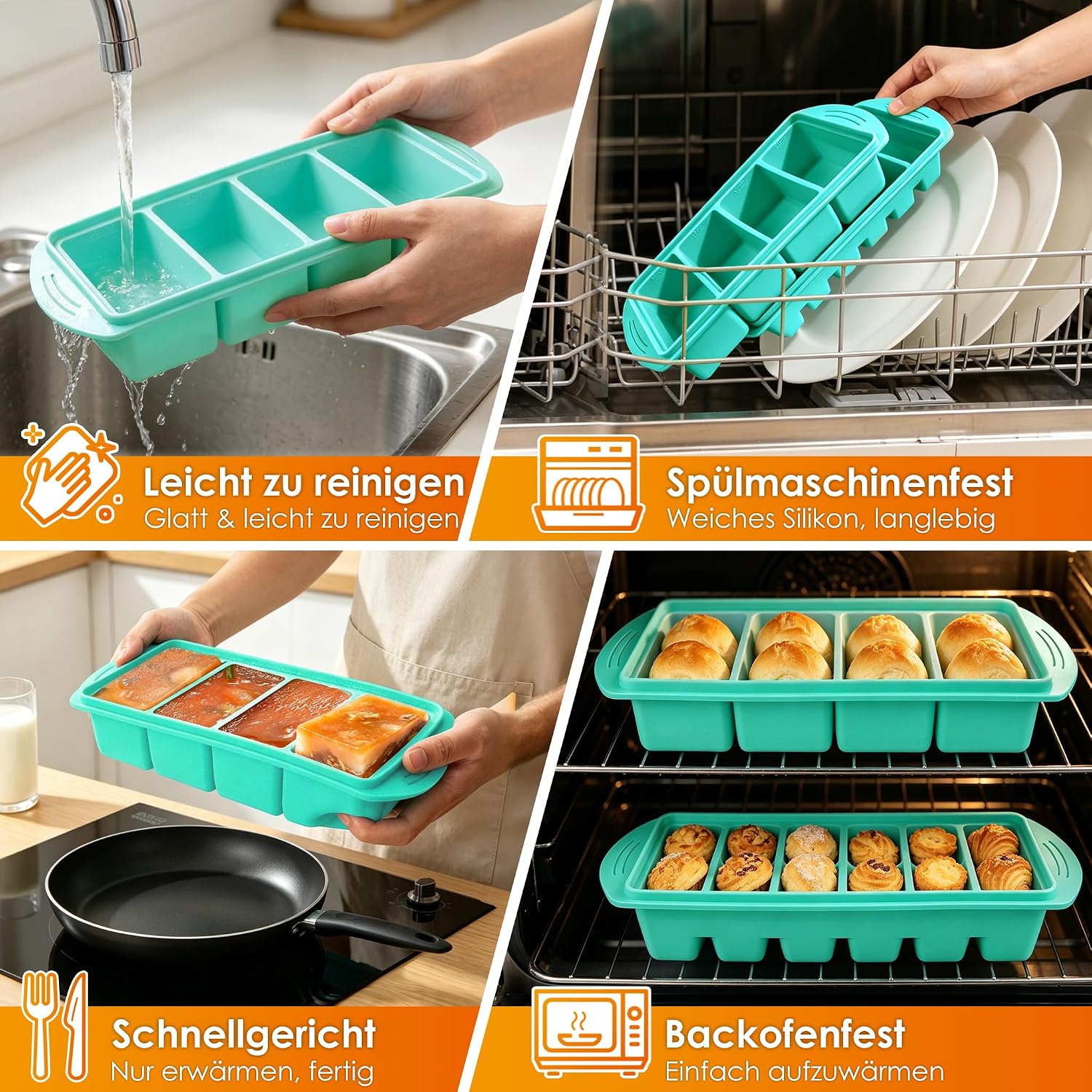 Set mit 2 Silikon-Gefrierformen mit Deckel, Suppenwürfel-Set mit 250/125 ml | Wiederverwendbar und stapelbar für die Zubereitung von Mahlzeiten, Gefrierbehälter für Suppe, Soße und Eis. Mintgrün – Bild 4