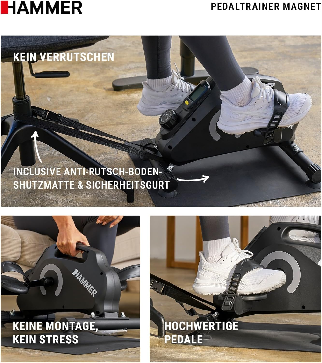 Hammerpedal-Trainer für Zuhause, magnetisch – leiser Mini-Heimtrainer mit Display, 8 Widerstandsstufen, inklusive rutschfester Matte, Sicherheitsgurt, Beintrainer zum Sitzen für Büro, Heimbüro und Senioren – Bild 6