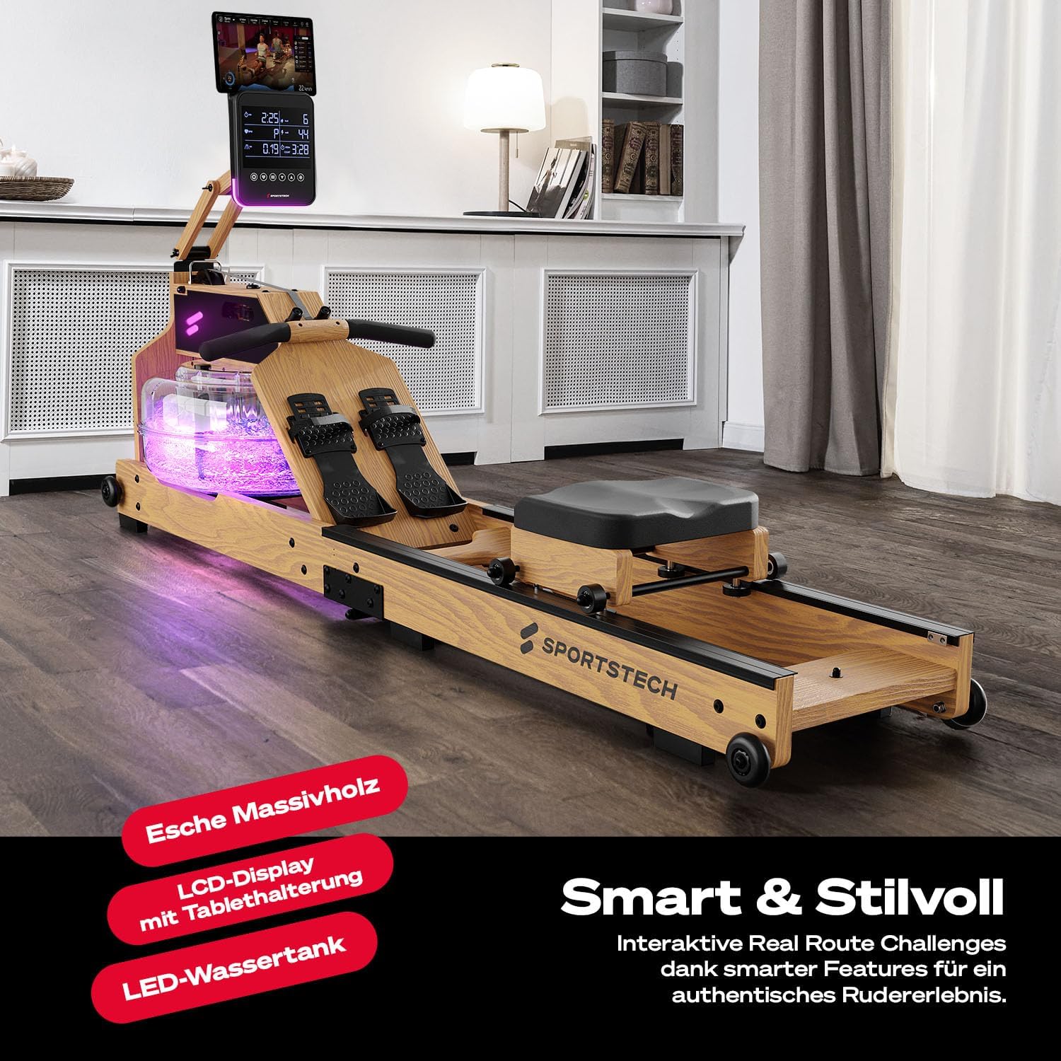 Sportstech Premium Rudergerät Wasser für Zuhause, Rudermaschine mit LED-Wassertank, Water Rower klappbar, Deutsches Qualitätsunternehmen, App mit Workout Kursen+ Tablethalterung, Massivholz, WRX1000 – Bild 7