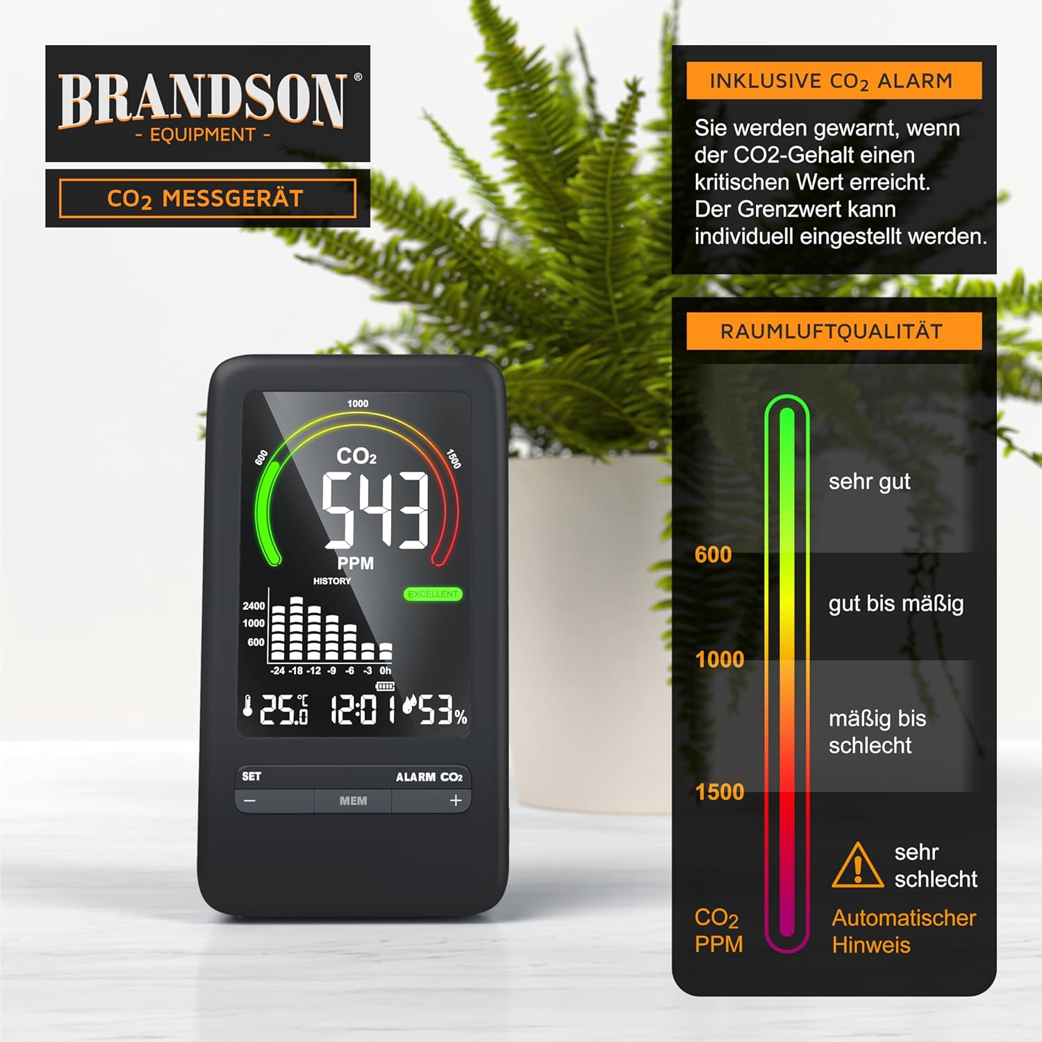 CSL – CO2-Detektor – CO2-Messgerät mit Thermometer-Hygrometer – Messgerät für die Luftqualität in Innenräumen, Kohlendioxid-Messung PPM – Batterie 2000 mAh – Schwarz – Bild 5