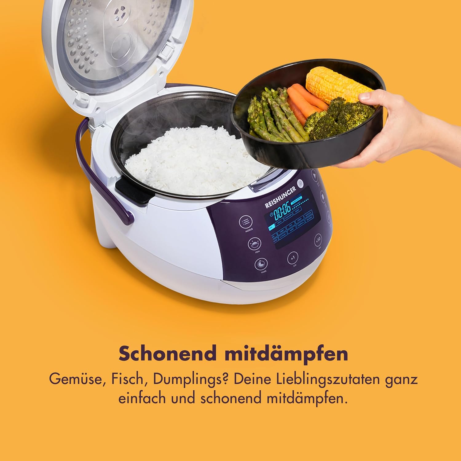 REISHUNGER Digitaler Reiskocher und Dampfgarer Grau | 1,5 Liter für 8 Personen | Warmhaltefunktion, Timer und Premium-Innentopf | Multikocher, 12 Programme, 7-Phasen-Technologie | Bis zu 8 Personen – Warmhaltefunktion, Timer & Premium-Innentopf – Multikocher, 12 Programme, 7-Phasen-Technologie – Bild 7