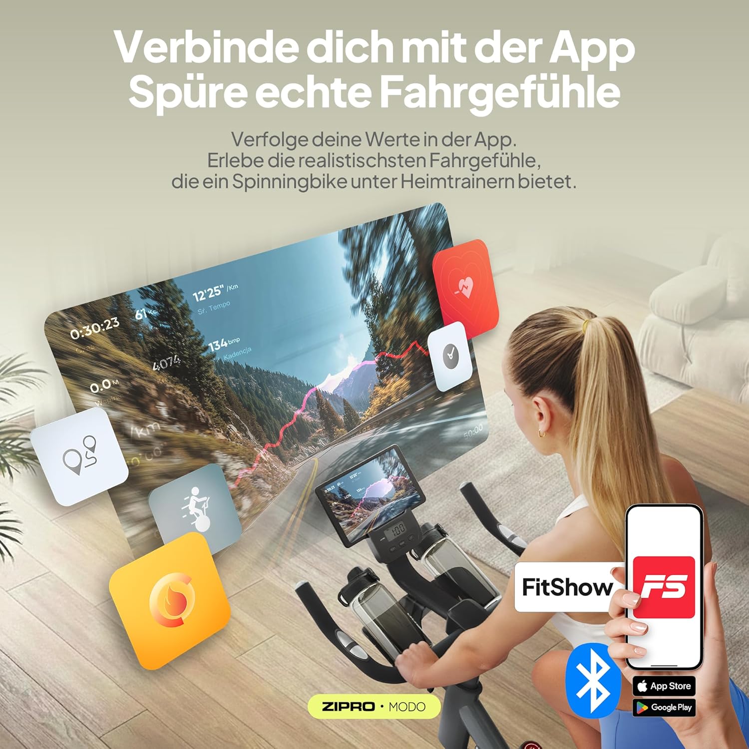 ZIPRO Modo Heimtrainer, Heimtrainer, Ergometer, Fahrrad, Indoor-Training für Zuhause, Cardio-Fitnessgerät, stationär, 120 kg Tragkraft, mit App-Raum, Fahrrad, Fahrradtrainer-Bildschirm – Bild 10