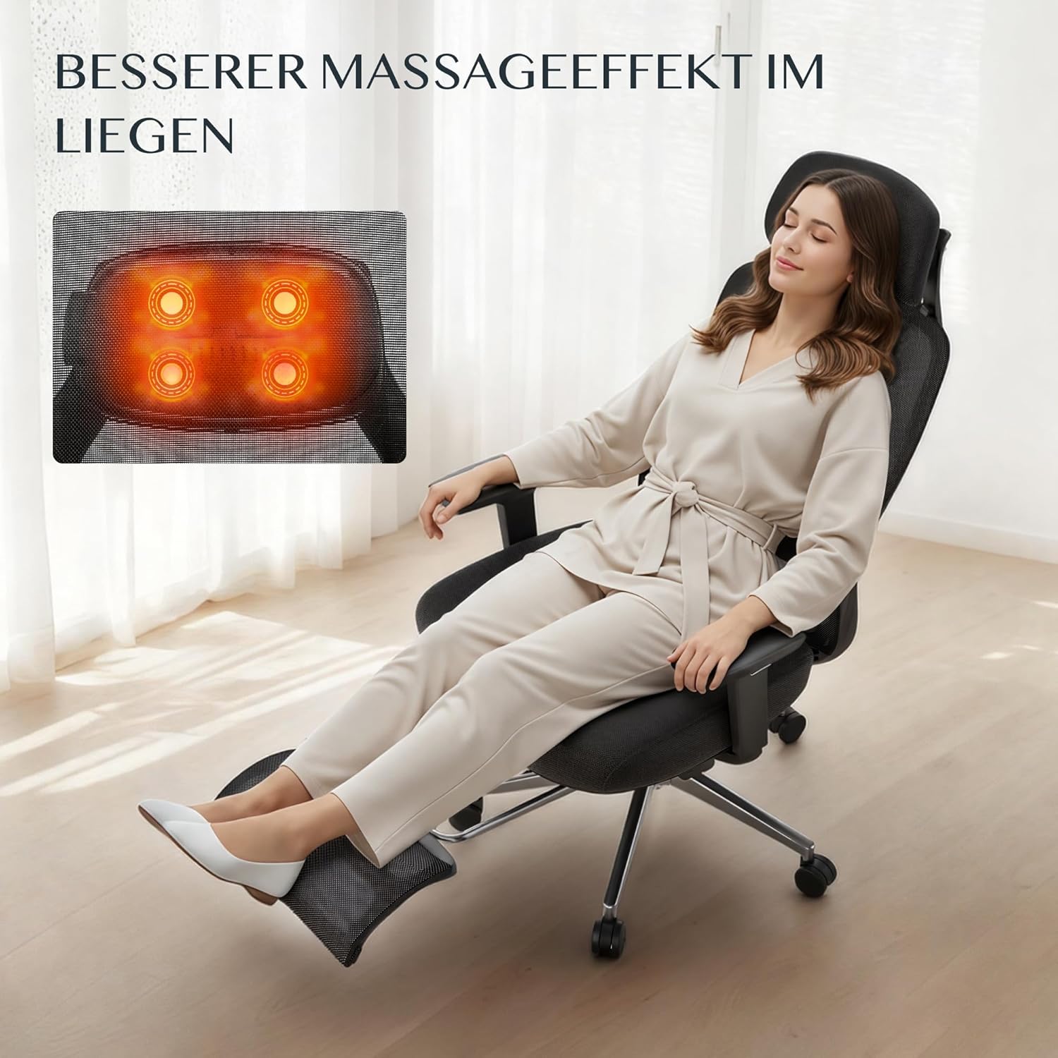 FLEXISPOT MasterEase Massage-Bürostuhl mit Fußstütze und Gummirädern, ergonomischer Schreibtischstuhl mit 2D-Lendenwirbelstütze mit Heiz- und Massagefunktion, 4-fach verstellbare Rückenlehne, Schwarz – Bild 9