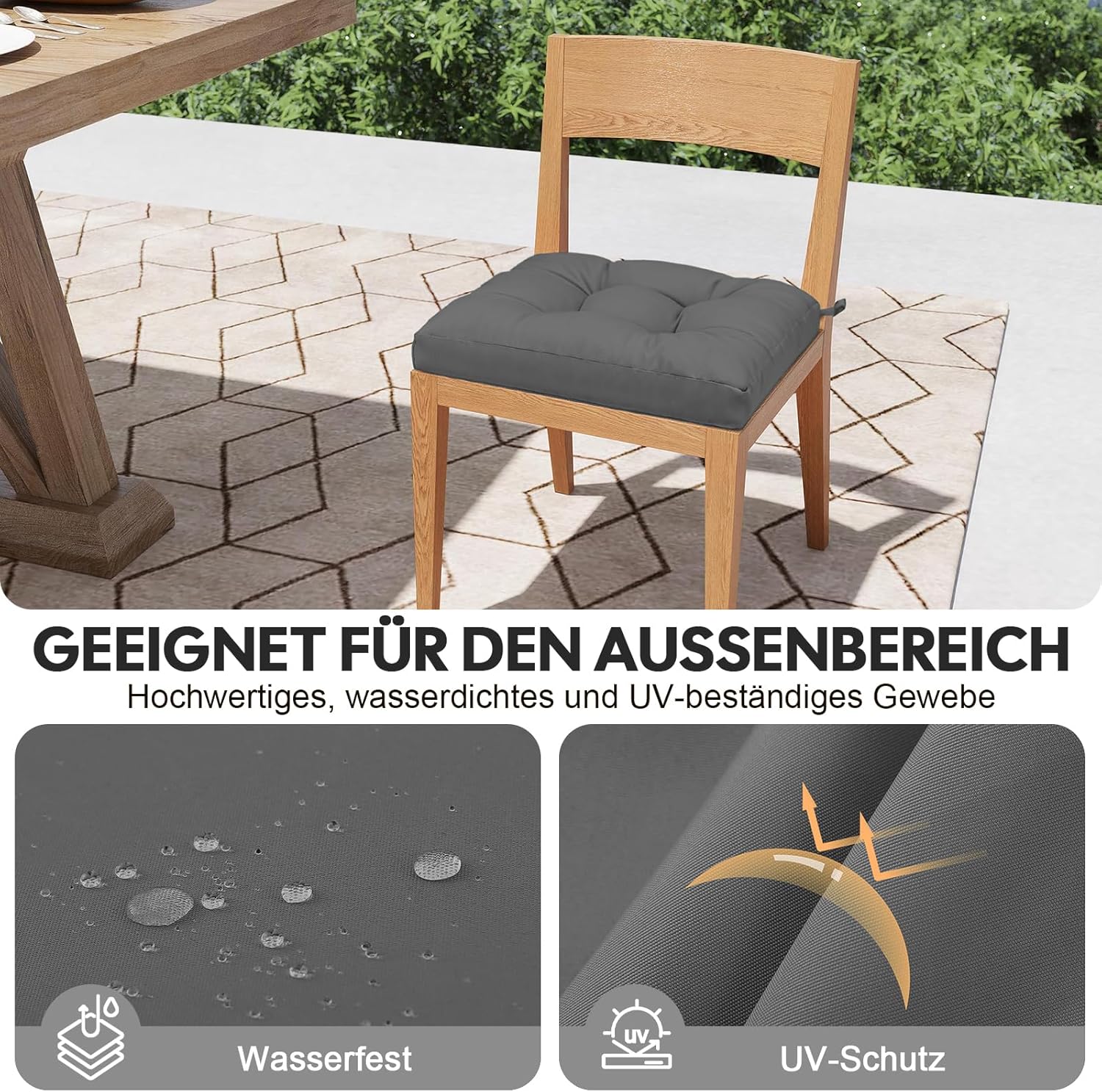 2er-Set Outdoor-Sitzkissen, wasserdicht, 50 x 50 x 8 cm, UV-beständige Kissen für Gartenstühle, Terrassenmöbel, Rattanstuhl, langlebige Stuhlkissen für Balkon, Pool, Camping, Grau – Bild 7