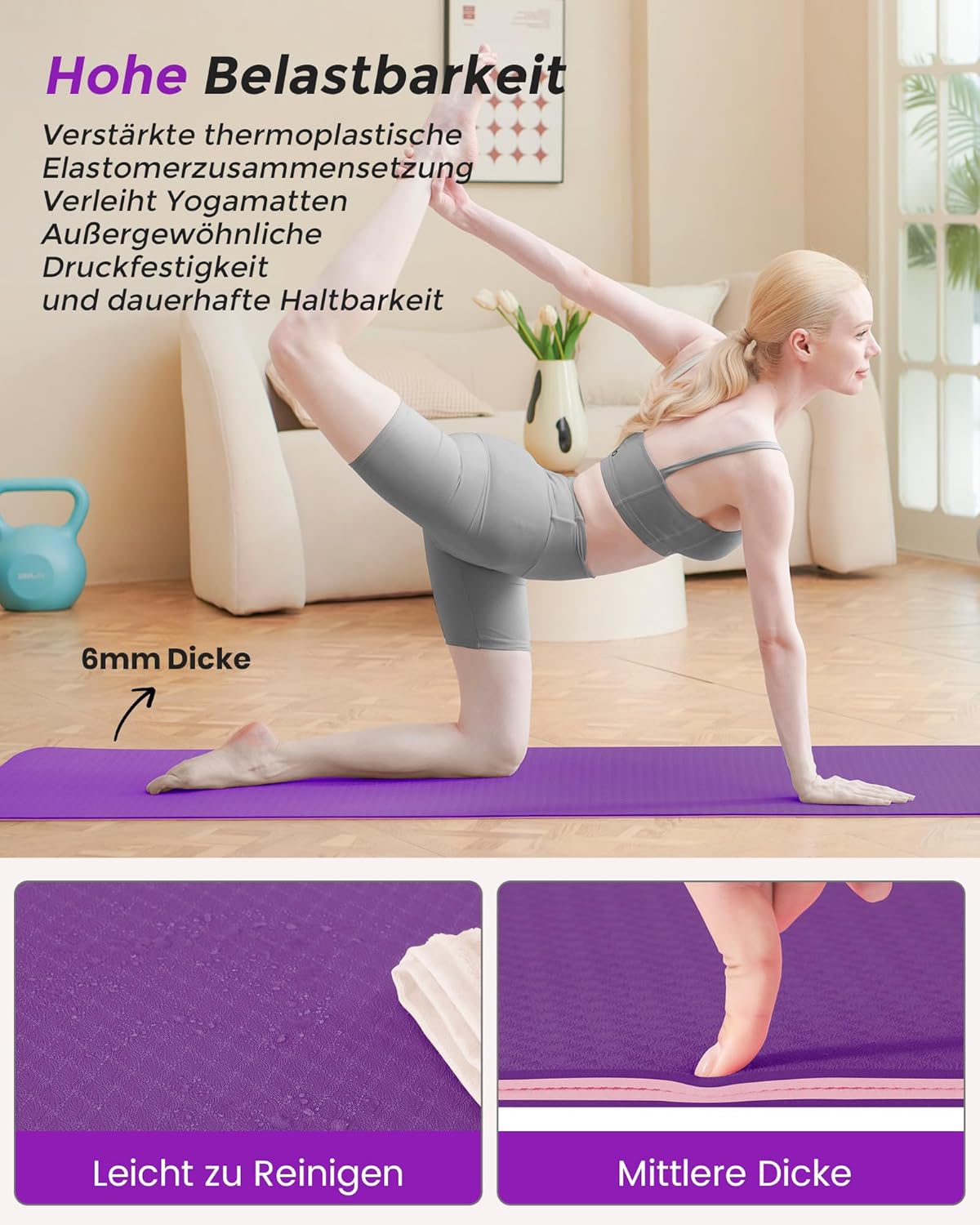Narwhal Yogamatte Rutschfest Fitnessmatte Umweltfreundliche TPE Sportmatte mit Tragegurt Gymnastikmatte für Pilates Yoga Workout 183 x 61 x 0,6 cm – Bild 5