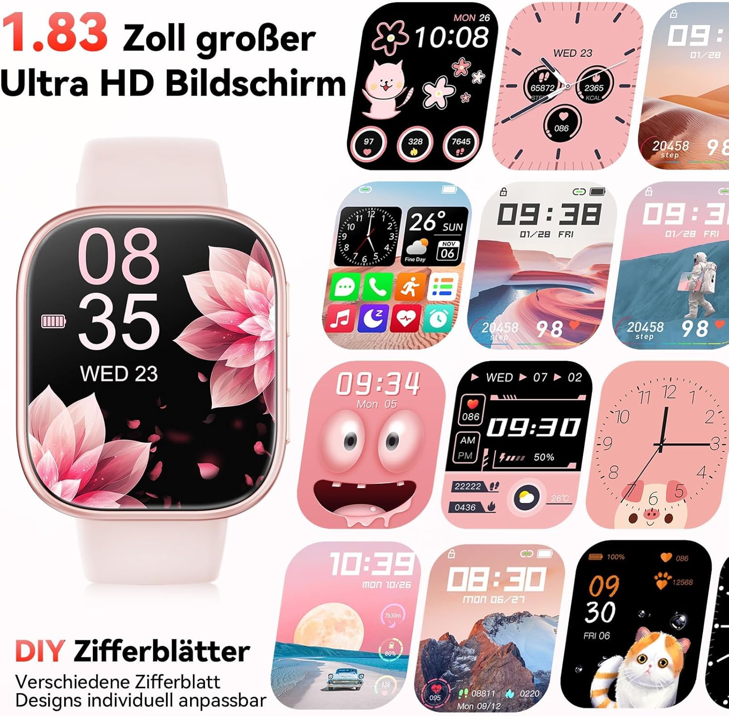 Smartwatch für Damen und Herren, 1,83 Zoll HD-Fitnessuhr mit Telefonfunktion, Fitness-Tracker mit SpO2-Herzfrequenzmesser, Schlafmonitor, Schrittzähler, 110+ Sportmodi, Sportuhr, IP68 wasserdicht – Bild 4