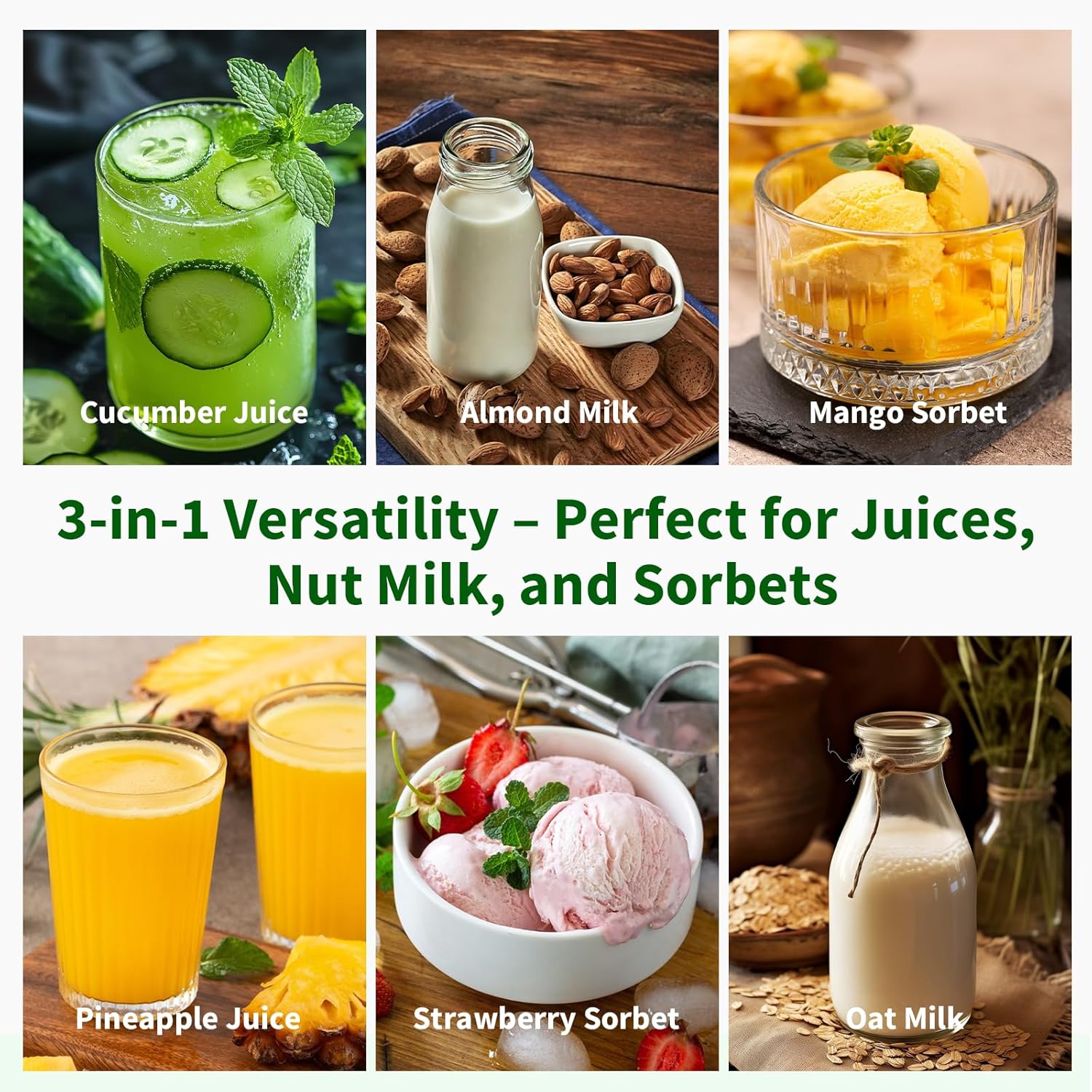 Slow Juicer 400 W mit 152 mm extra großem Einfüllschacht für ganze Früchte und Gemüse, hohe Saftausbeute, 3-in-1-Sieb (Saft, Sorbet und Nussmilch), BPA-frei, spülmaschinenfest, 1,8 l – Bild 3