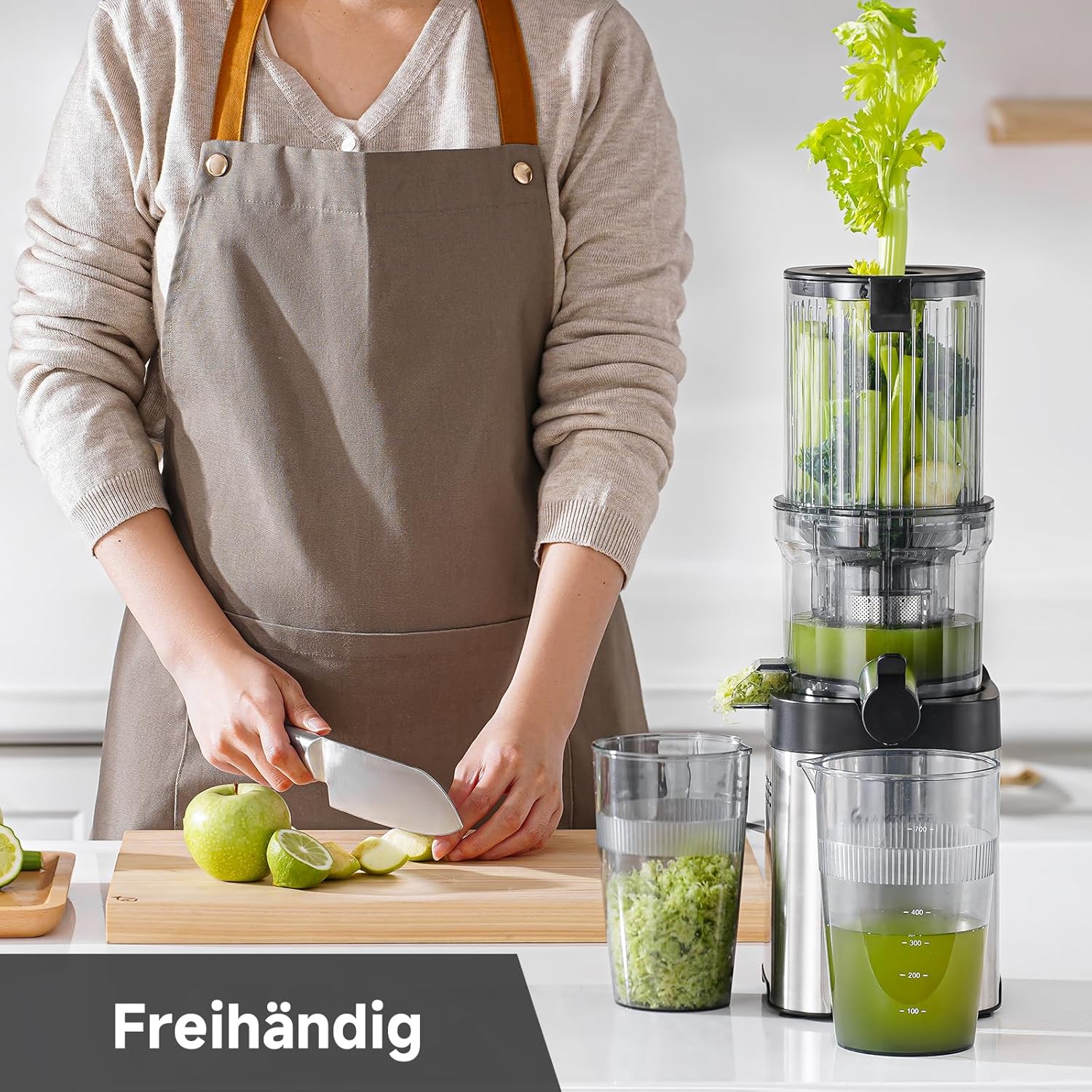 AMZCHEF Entsafter – Slow Juicer mit 120 mm Breite und größerem Einfüllschacht für ganzes Gemüse und Obst – leicht zu reinigender Entsafter mit 2 Gläsern – Silber – Bild 5