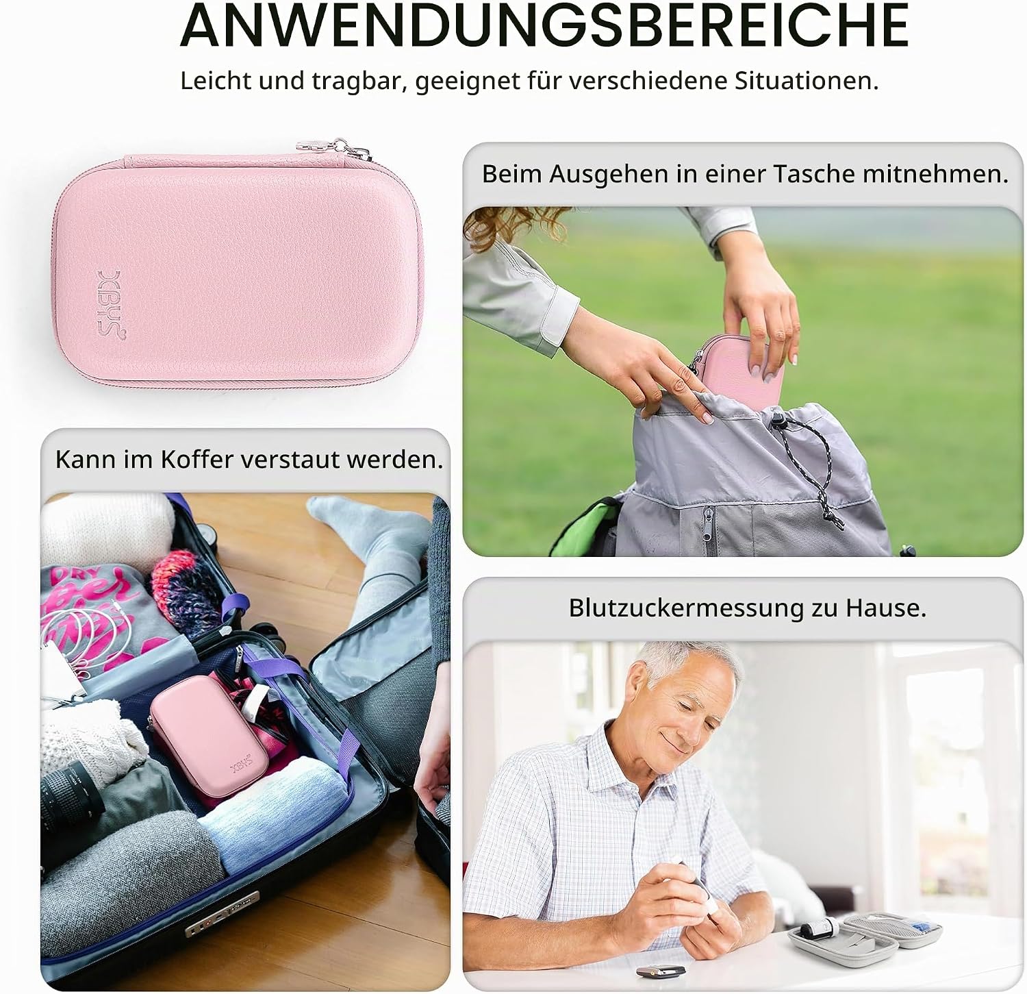 Diabetes-Versorgungskoffer, Blutzuckermessgerät-Beutel, rosa, M, schlicht | Tragbare Box zur Aufbewahrung von Teststreifen, Blutentnahmenadeln und anderen Gegenständen, Reisetasche für Glukosemessgerät – Bild 6