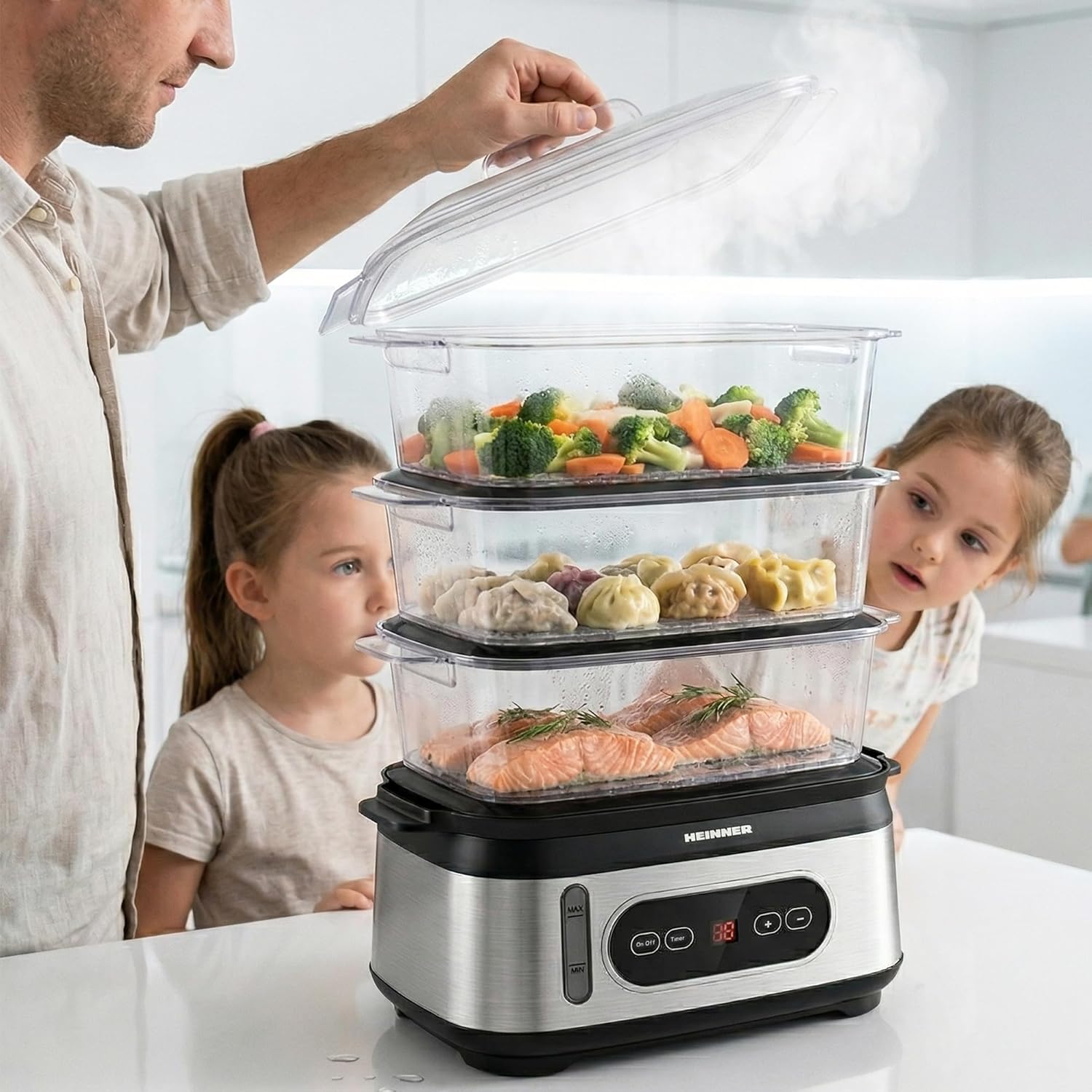 One Steam HSA-D950SS Elektrischer Dampfgarer, 9 l, 3 Stufen, BPA-frei, LED-Display, digitaler Timer 0–90 Min., Startauswahl 12 Stunden, automatische Abschaltung, spülmaschinenfest, inklusive 950 W, Modell ONE – Bild 7