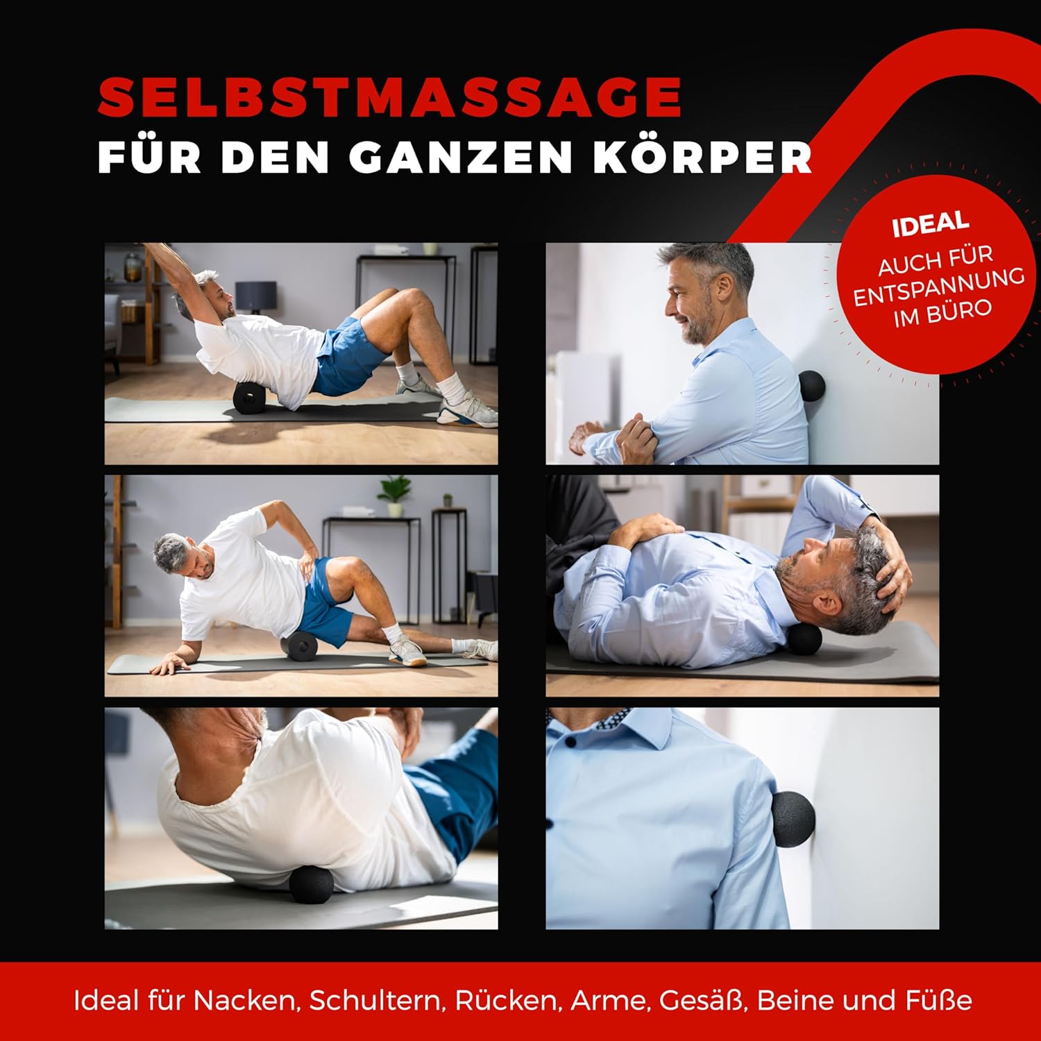 Faszienrolle, Schaumstoffrollen-Set 4 oder 6, oder 8-teilig, Massagerollen und Faszienbälle, Faszienrolle für effektives Faszientraining, inkl. Poster, Übungsbuch, E-Book und Turnbeutel, Rückenrolle., rot – Bild 4