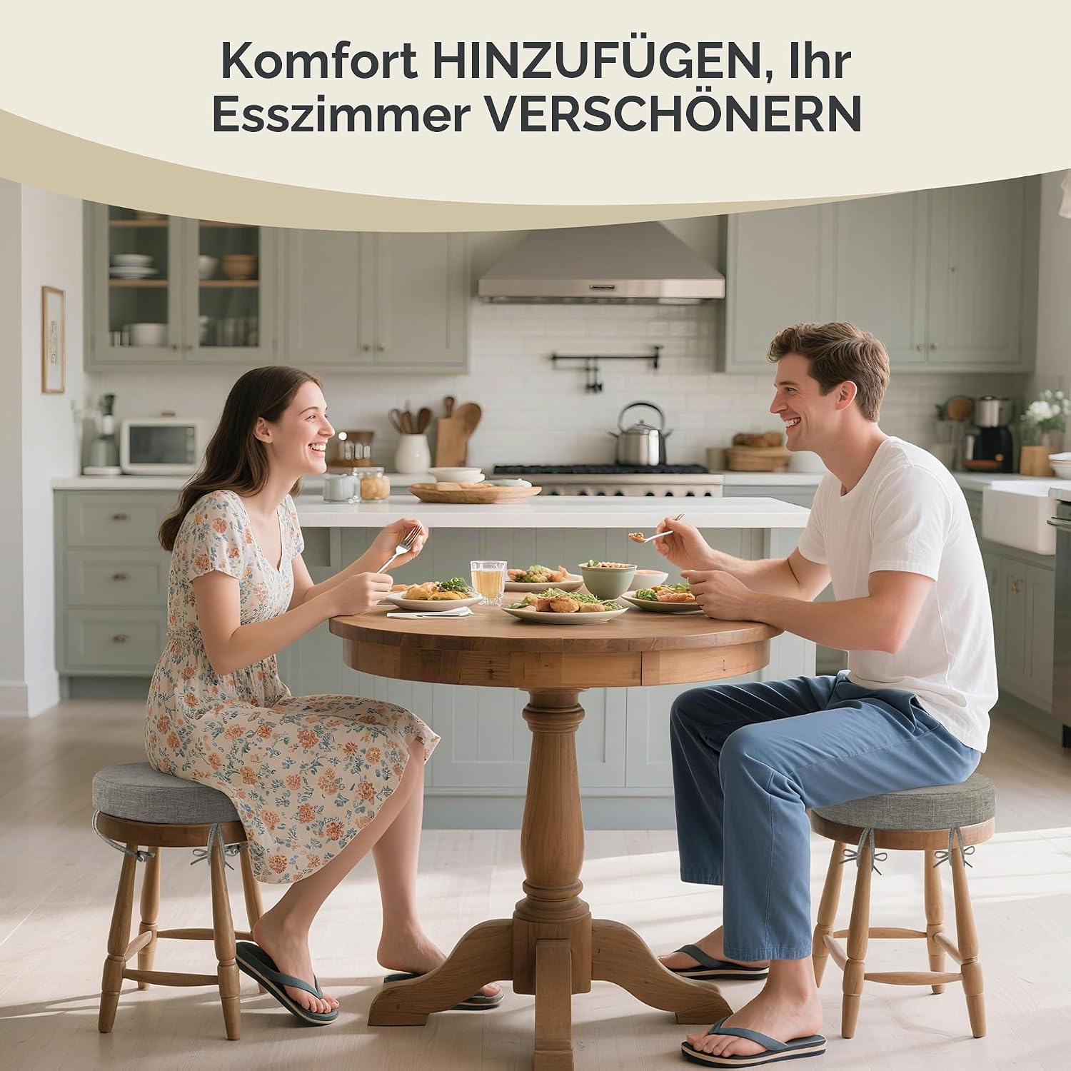 AddGrace Rundes Sitzkissen mit Bändern, 1 Stück, rutschfestes Leinen-Stuhlkissen, 30 x 30 cm, Schaumstoff-Sitzkissen mit abnehmbarem, waschbarem Bezug für Kneipen, Restaurants, offene Küchen, Hellgrau – Bild 5