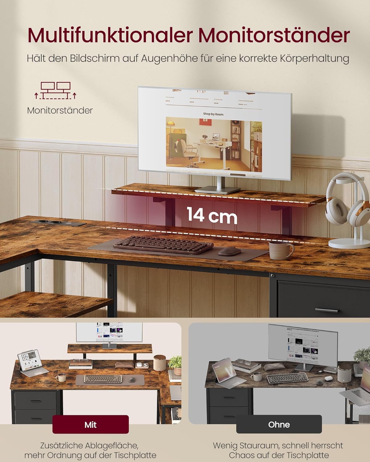VASAGLE LWD173KD01 L-förmiger Eckschreibtisch mit Steckdosen, Computertisch, Gaming-Tisch, reversibel montierbare, verstellbare Regale, 4 Schubladen, 2 USB-Anschlüsse, 160 x 80 cm, Vintage-Braun – Bild 7