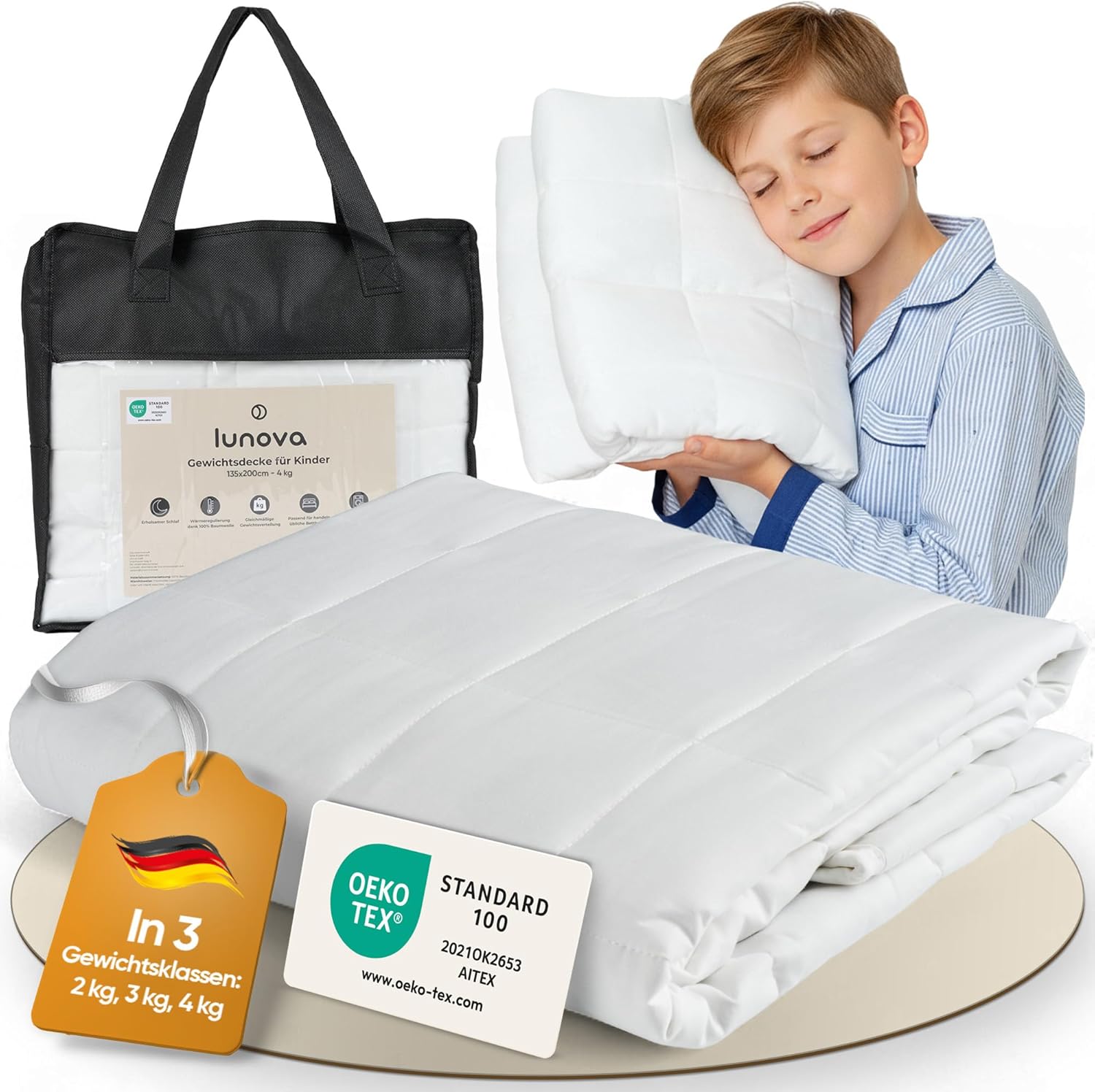 LUNOVA Gewichtsdecke Kinder 4kg (135x200cm) | Beruhigende schwere Decke für besseren Schlaf und inneren Frieden | Öko-TEX-Baumwolle, waschbar, ideal für 35–45 kg Körpergewicht | Gewichtsdecke für Kinder