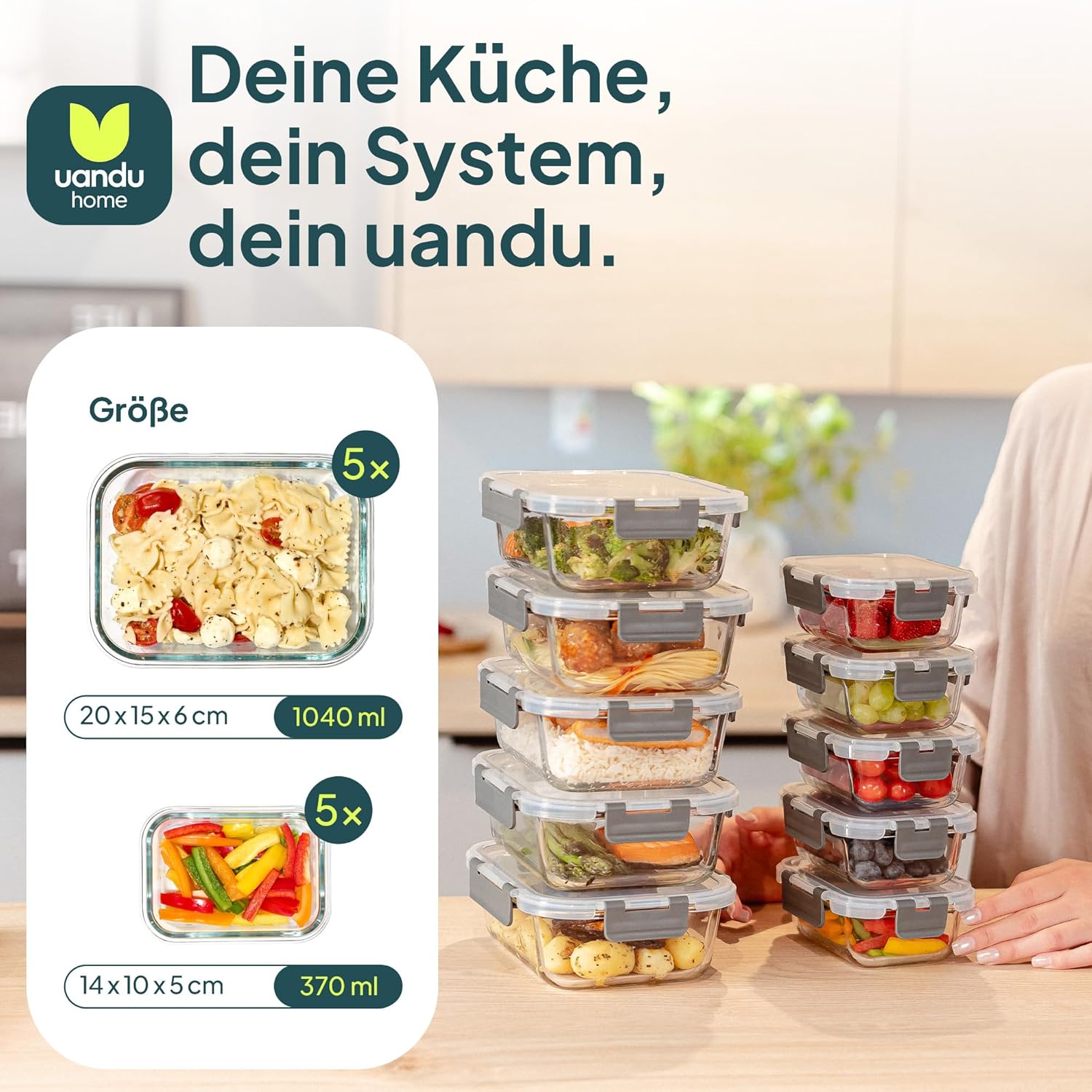 uandu Glasbehälter mit Deckel, 20-teiliges Borosilikatglas mit Deckel, Meal-Prep-Gläser, Frischhaltedosen aus Glas mit Deckel, Glasdosen mit Deckel-Set, Meal-Prep-Boxen aus Glas (10 Behälter, 10 Deckel) – Bild 2