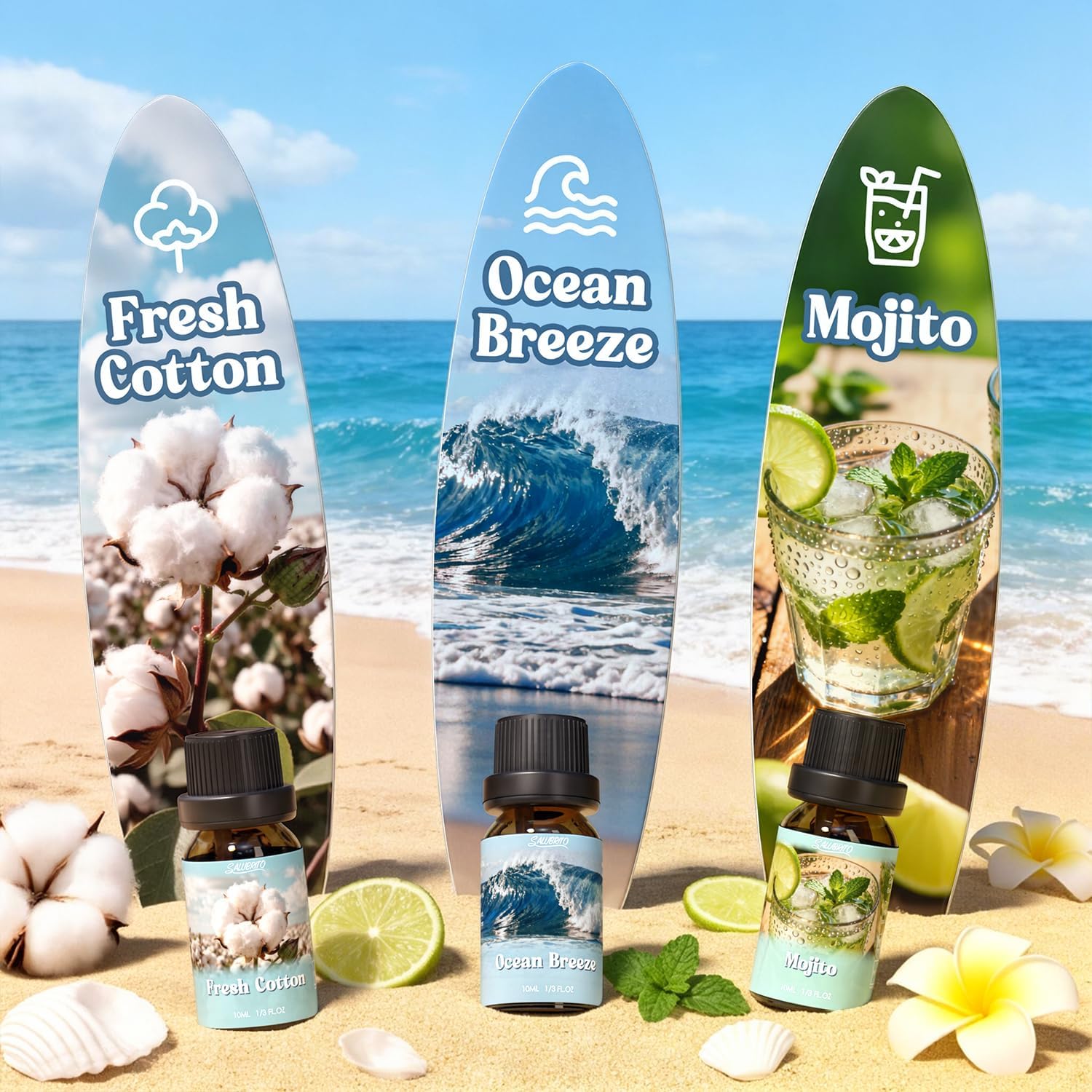 SALUBRITO Set mit ätherischen Sommerölen, Aromatherapie-Duftöl für Diffusor, Kerzenherstellung, Meeresbrise, rosa Insel, tropischer Mojito, frische Baumwolle, Ananas, Kokosnuss, Geschenkset für Frauen – Bild 3