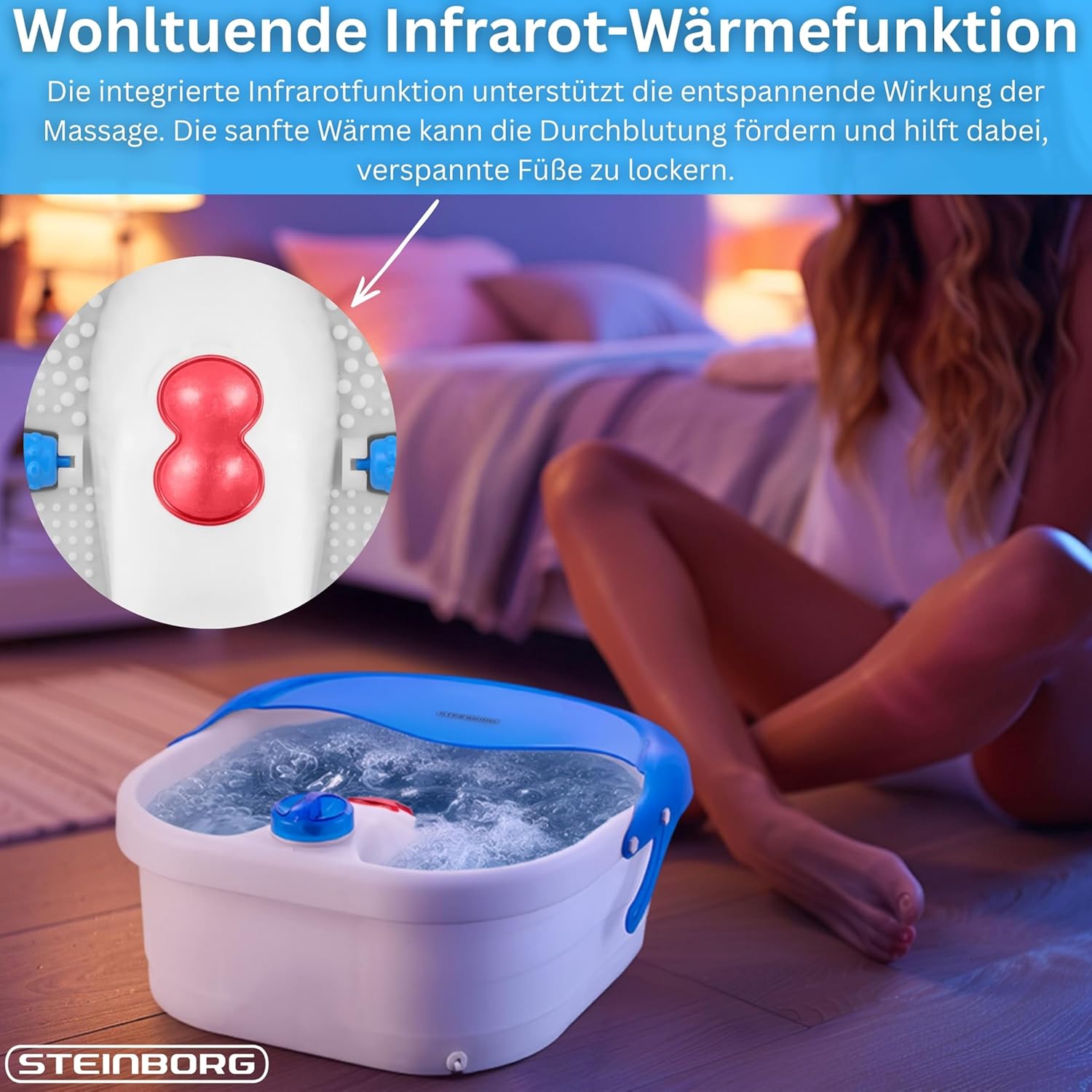 Steinborg Fußsprudelbad mit Massage & Infrarotwärme – Fußmassagegerät Elektrisches Fußbad mit Vibration & Sprudelmassage, 4 Massagerollen & Reflexzonenmassage, 3 Ebenen, Spritzschutz – Wellness Spa – Bild 6