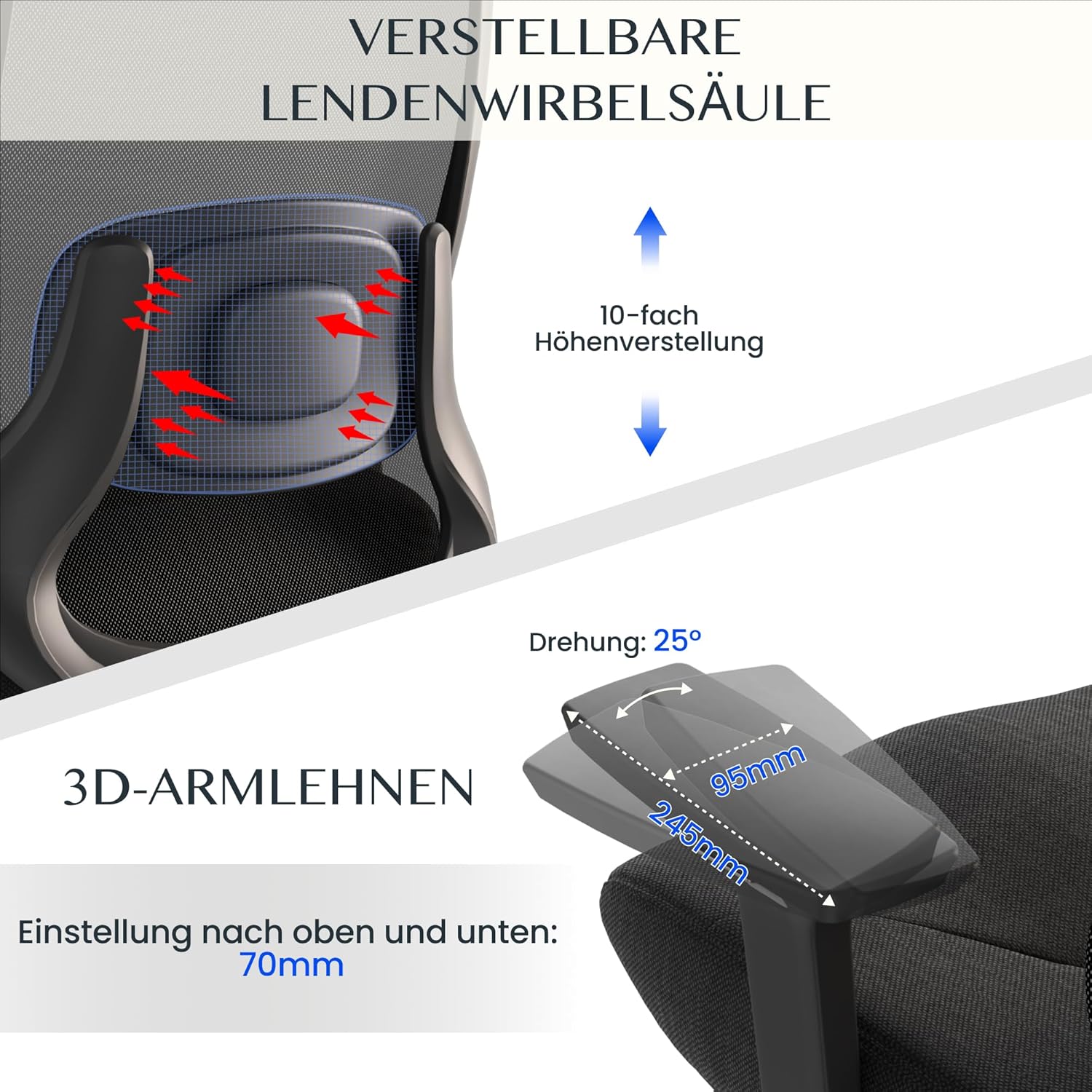 FLEXISPOT MasterEase Massage-Bürostuhl mit Fußstütze und Gummirädern, ergonomischer Schreibtischstuhl mit 2D-Lendenwirbelstütze mit Heiz- und Massagefunktion, 4-fach verstellbare Rückenlehne, Schwarz – Bild 6