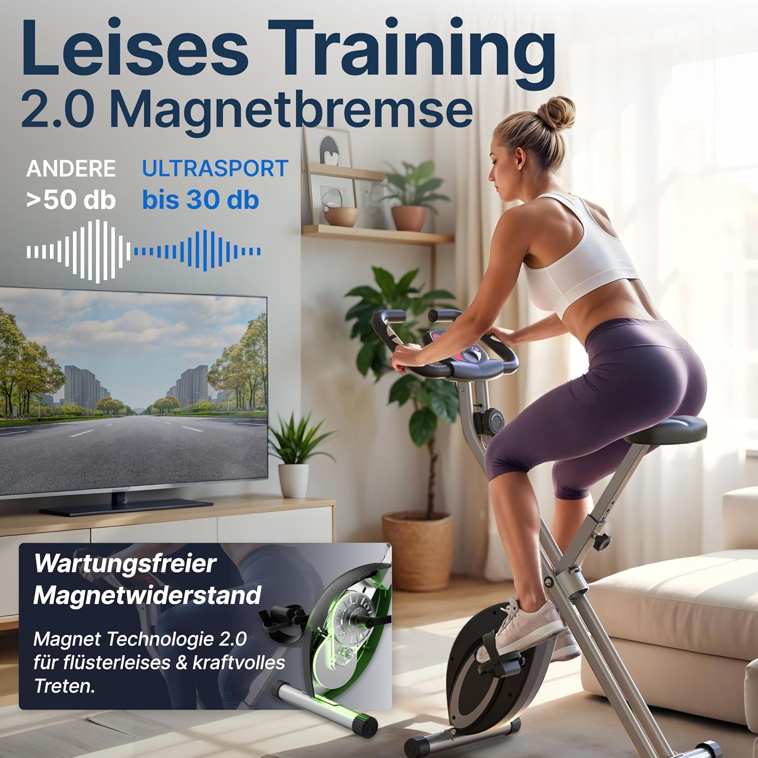 Ultrasport Klapp-Heimtrainer, Hometrainer, Fahrrad, extra leise bis 130 kg mit Komfortsattel, Ergometer, Heimtrainer, Fitnessbike, Indoorbike, Trimmrad – Bild 2