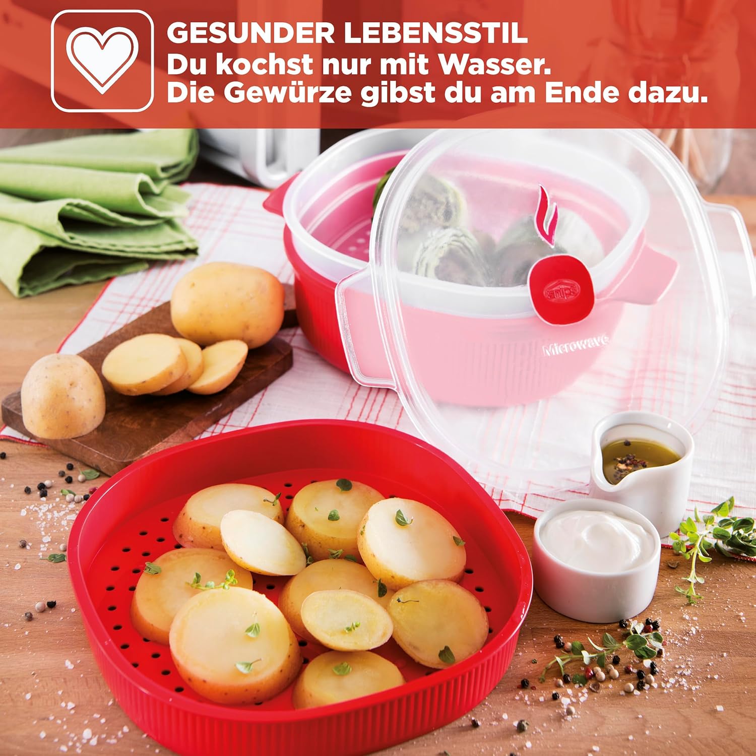 Snips 704 Tempo Zero Dish Streamer 4 Liter, Kunststoff rot | Für Gemüse, Fisch und Fleisch, 2 herausnehmbare Garkörbe, 4 L, bis 800 W, spülmaschinenfest, hergestellt in Italien – Bild 4