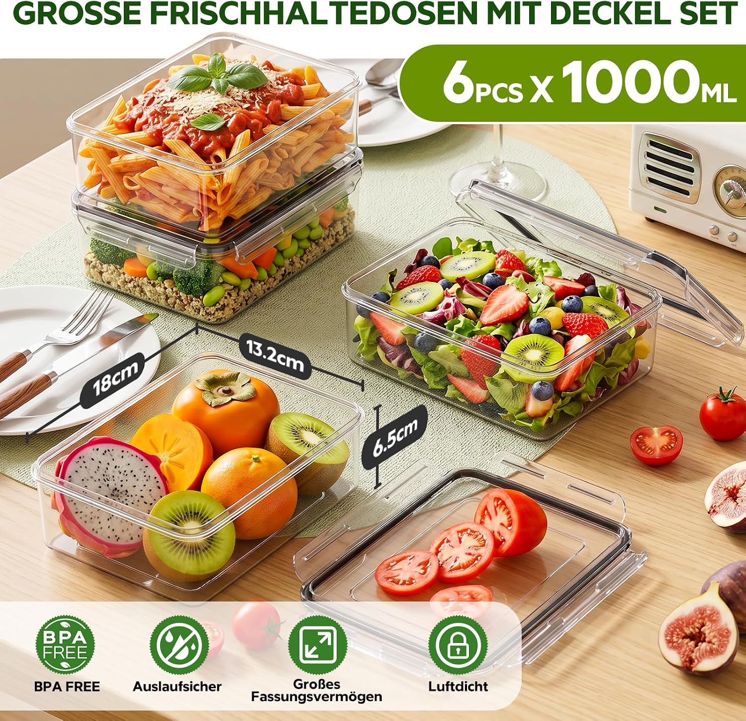 Wwtop 6 x 1000 ml Frischhaltedosen mit Deckel, Vorratsbehälter-Set, Meal-Prep-Boxen, auslaufsichere Gefrierbehälter, Aufbewahrungsbox mit Deckel, Küche für Mikrowelle, Kühlschrank, BPA-frei, 18 x – Bild 2