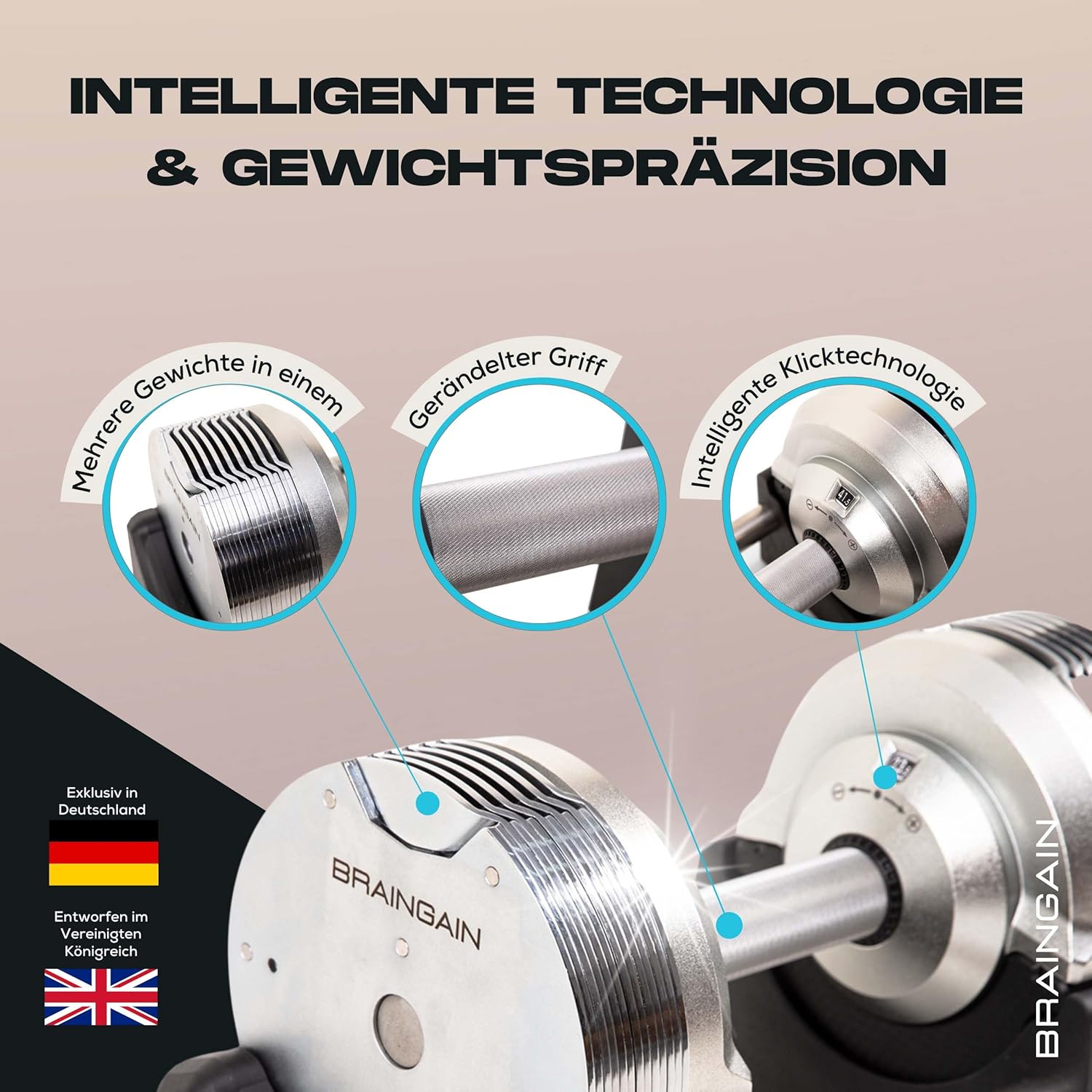 Verstellbares Hantelset von BRAINGAIN 23,5 kg / 32,5 kg / 41,5 kg – Jetzt mit 34 mm Gen 4-Griff – Gewichte in 1 Sekunde wechseln – Platzsparendes Homegym – Mehrere Gewichte in einem – Chrom/Schwarz – Bild 2