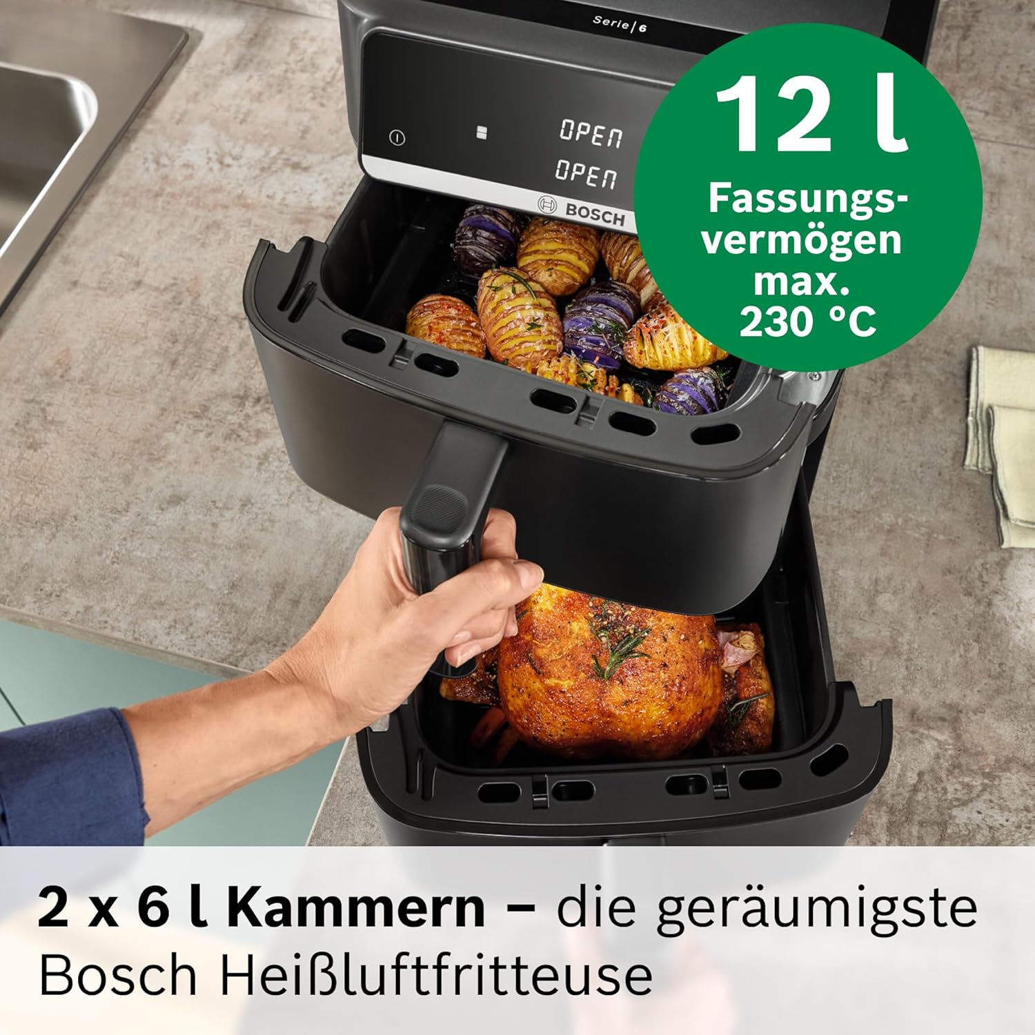 Bosch Serie 6 XXL Heißluftfritteuse, 12 L Doppelkammer, platzsparend, 6 Programme, PFAS-frei, Schwarz, AirFryer Serie 6, MAFD661B0 – Bild 3