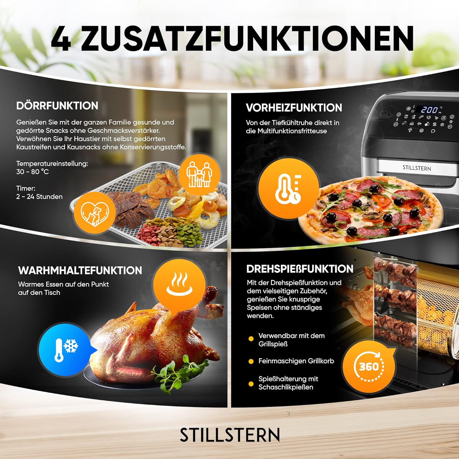 Stillstern Heißluftfritteuse, 12 L, mit LED, Touchscreen, XXL, Rezeptbuch auf Deutsch, 12 Programme, Speisen vorheizen/warmhalten, 1800 W, kein Öl nötig, zum Dörren, Mini-Camping-Grill/Ofen – Bild 5