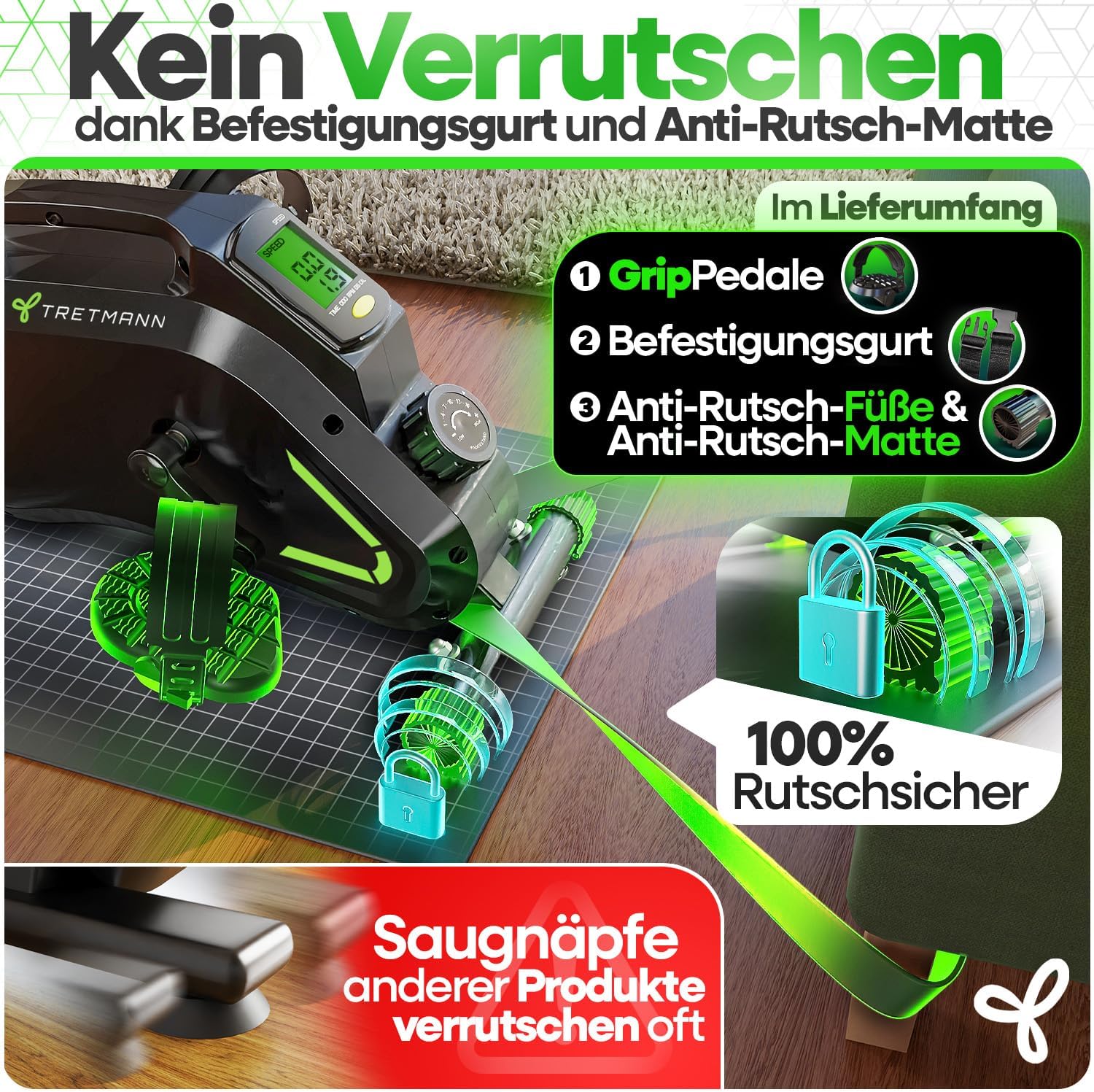 Tretmann Pedaltrainer-Set, extra leise und gelenkschonend, inklusive Dekra-geprüftem Befestigungsgurt für Senioren-Heimtrainer Minibike – Bild 5