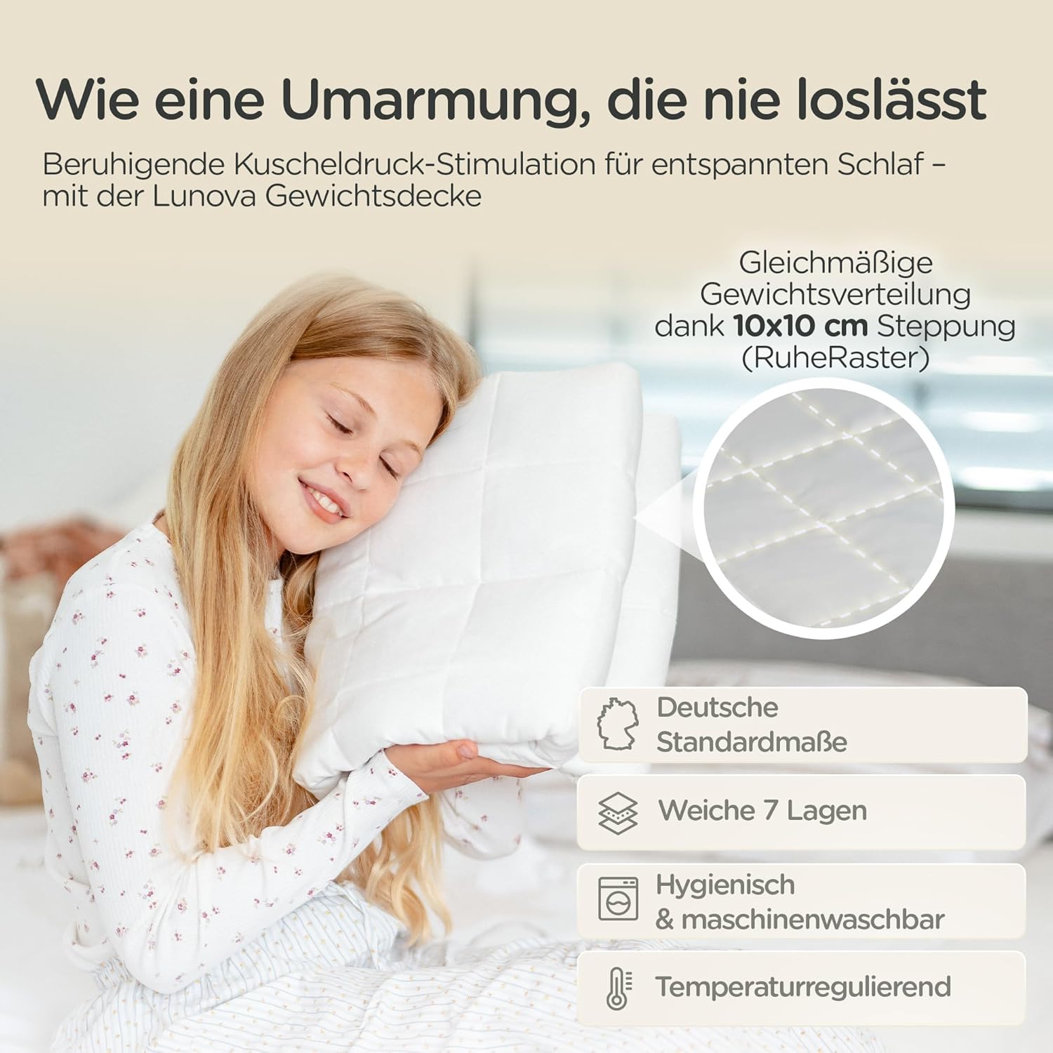 LUNOVA Gewichtsdecke Kinder 4kg (135x200cm) | Beruhigende schwere Decke für besseren Schlaf und inneren Frieden | Öko-TEX-Baumwolle, waschbar, ideal für 35–45 kg Körpergewicht | Gewichtsdecke für Kinder – Bild 2